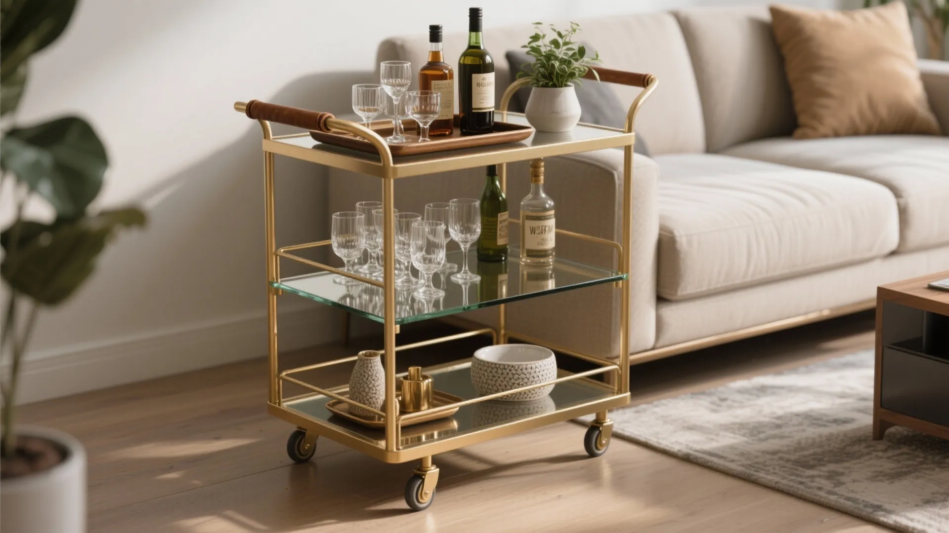 4. Stylish bar cart with designated tuck-away spot