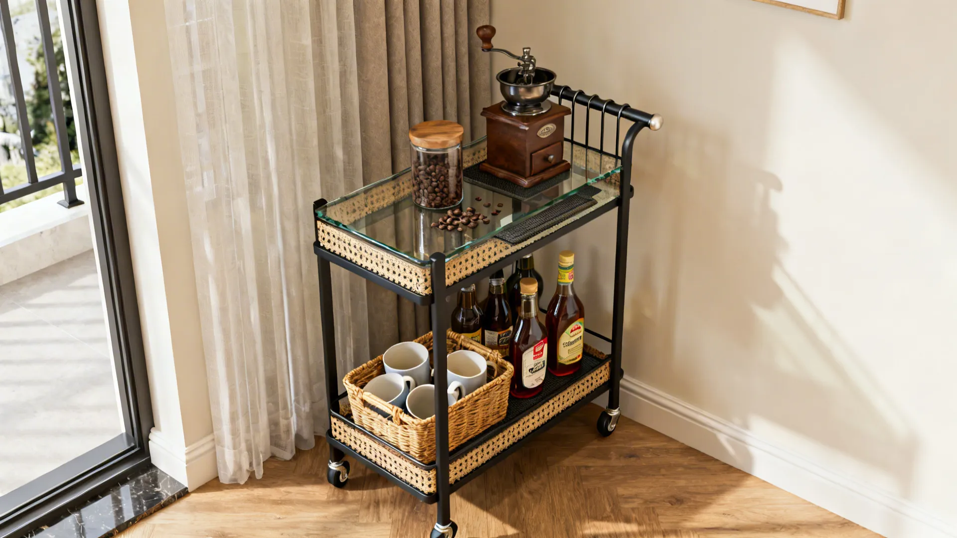 Two tier black rolling cart with coffee grinder coffee beans glass top and glass bottles
