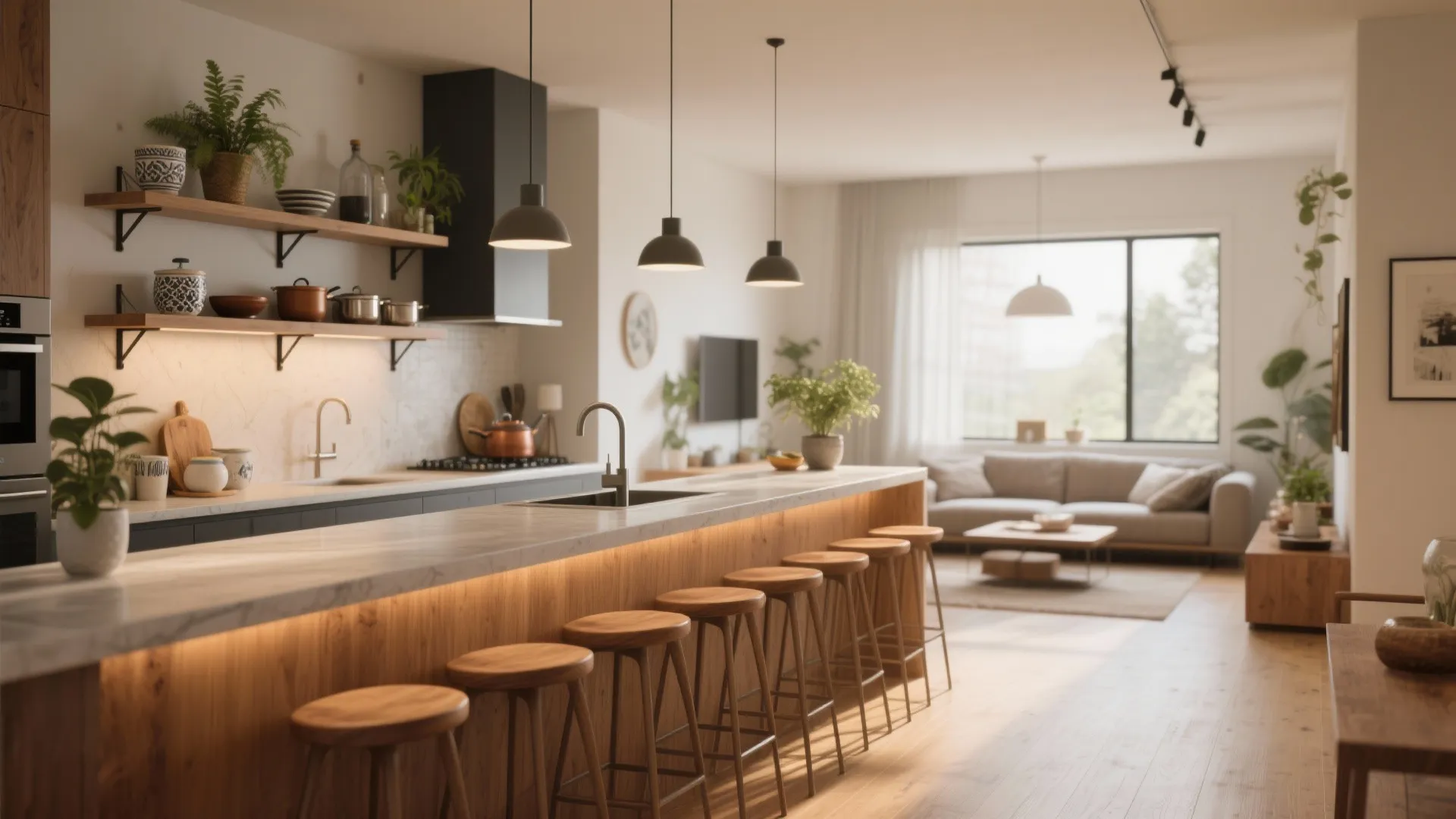 4. Bar-Style Counter with Floating Shelves