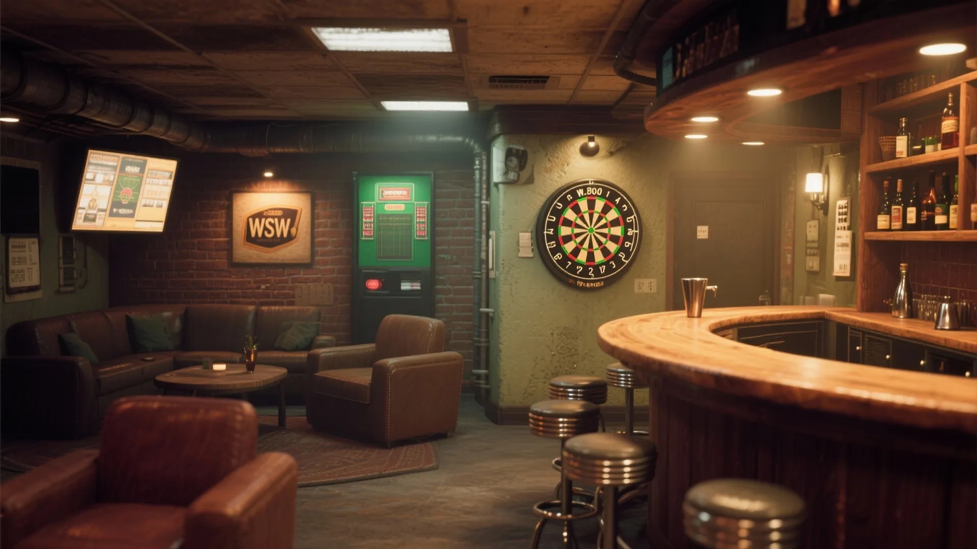 Cozy home bar area featuring a wooden counter, leather sofa, dartboard, and shelves with bottles