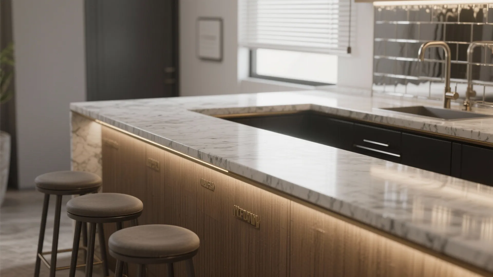 Close up of marble kitchen island with hidden light strips under the counter and stools