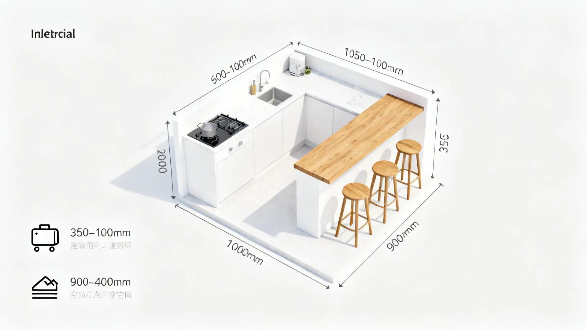 Interior design drawing showing small kitchen layout with white cabinets wood bar and three stools