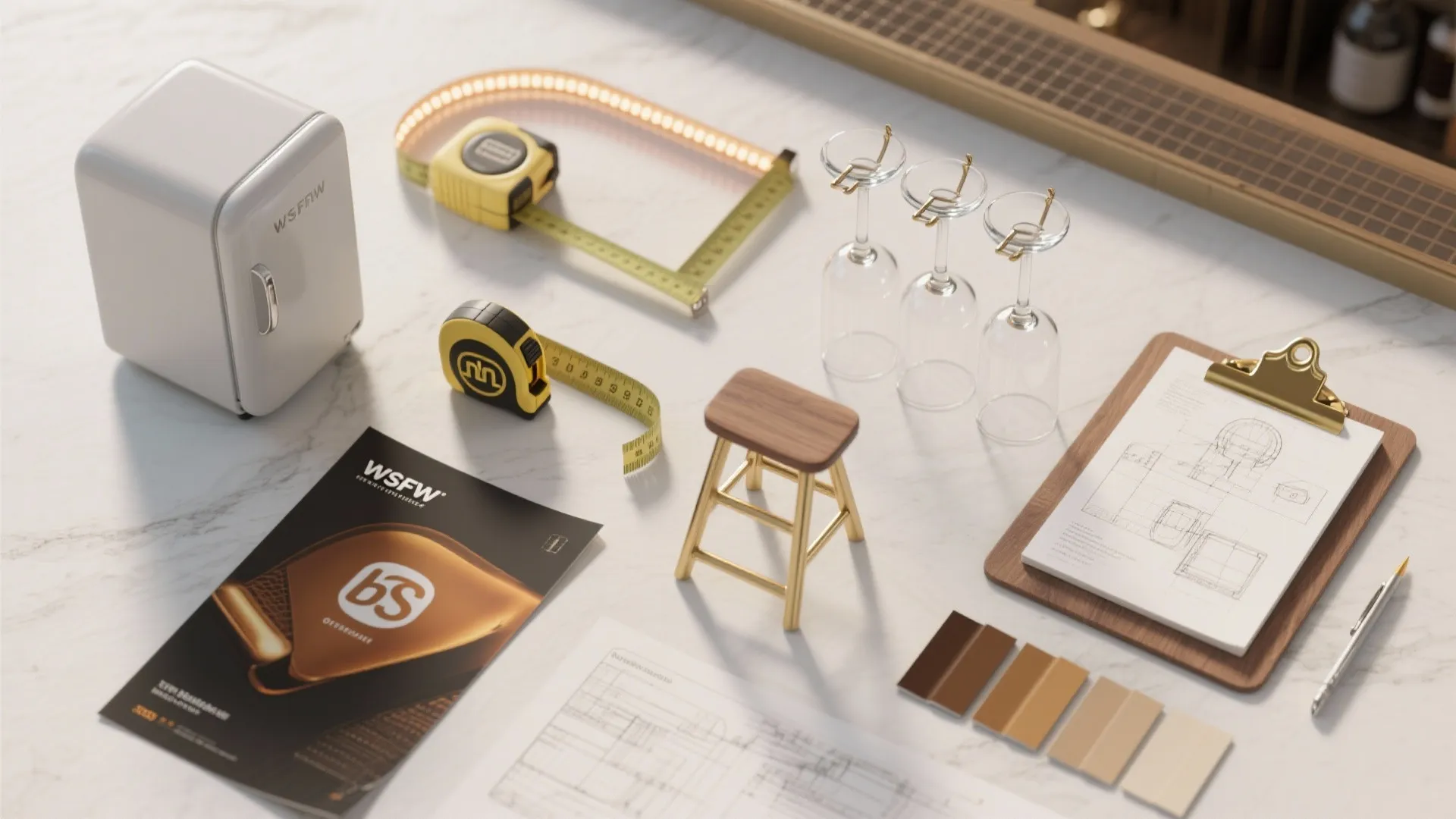 Top-down flatlay of small-bar tools and samples: measuring tape, LED strip, stemware hooks, finish swatches and mini fridge brochure.