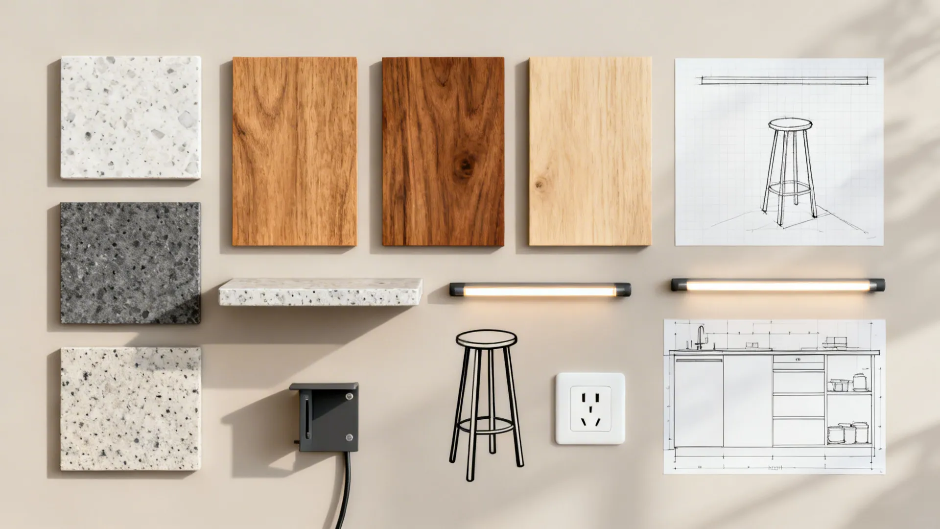 Material board with stone tiles wood planks sketches of stools wall lights and a socket