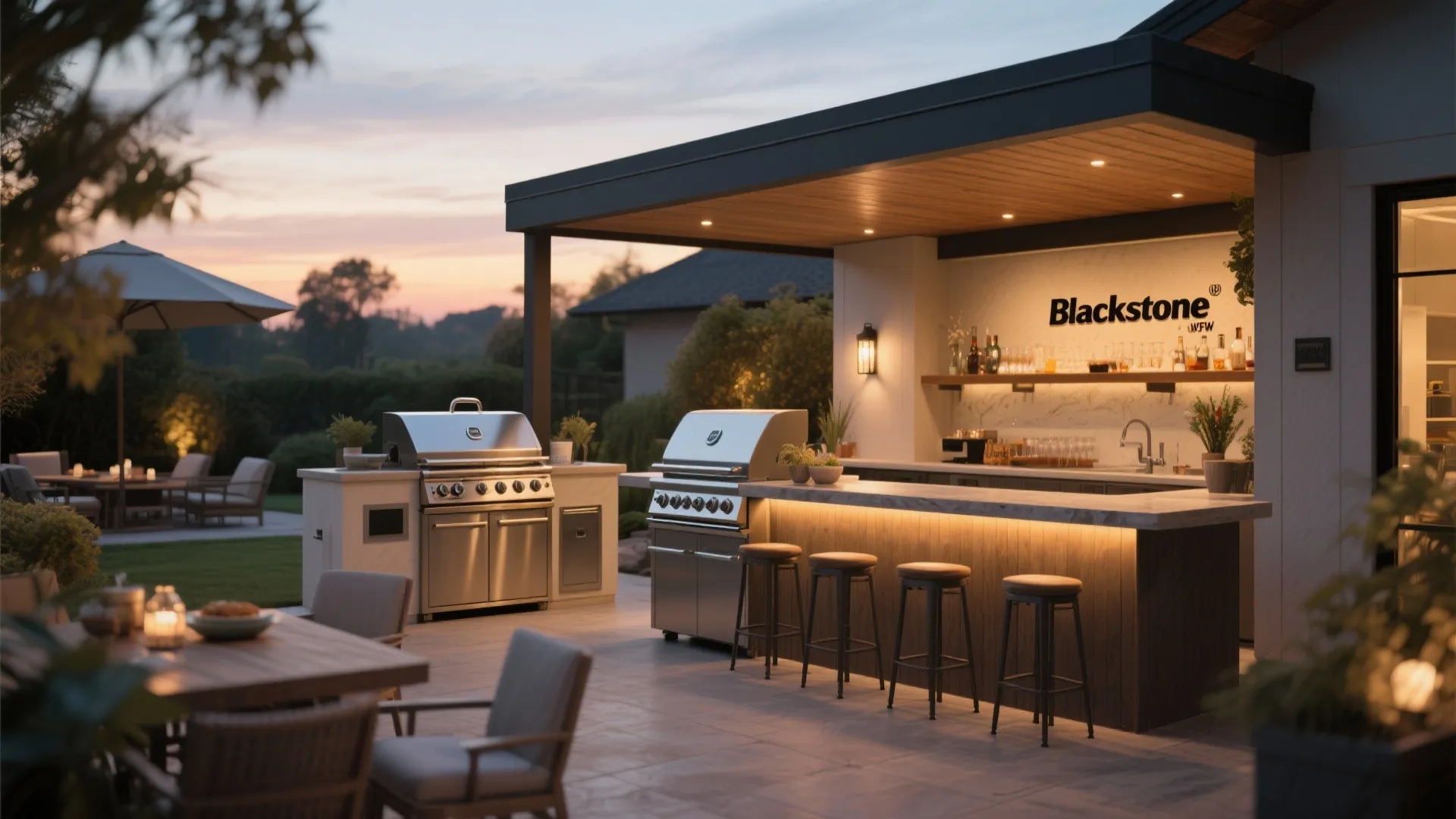 Modern outdoor kitchen with bar counter four stools two large silver grills and warm lights