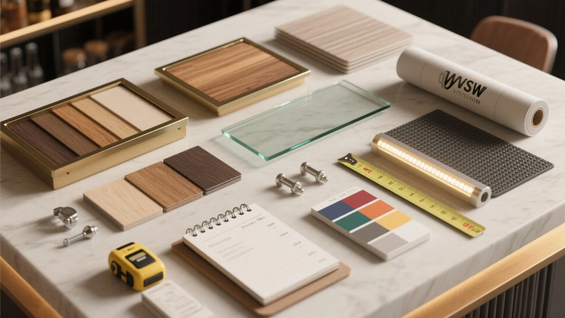 Collection of interior design materials including wood samples color swatches and tools on marble table