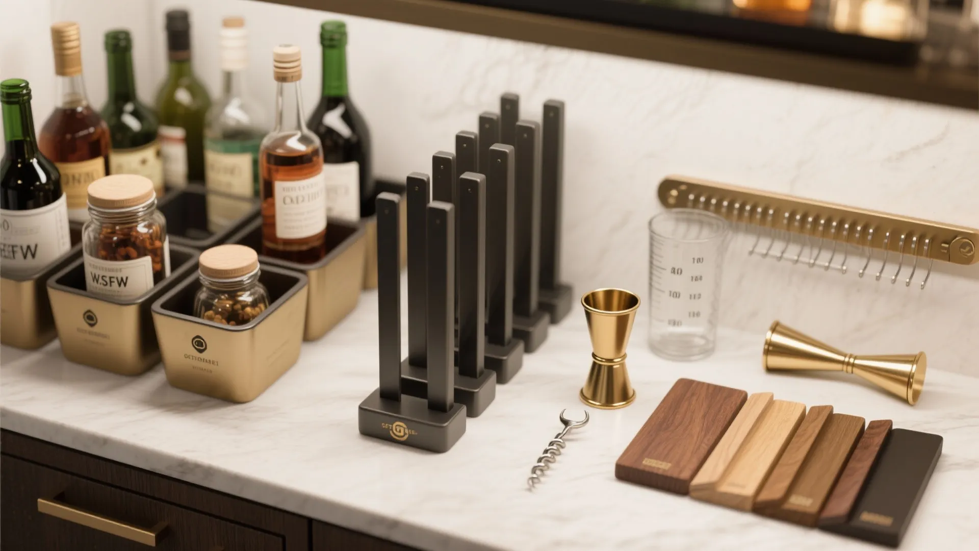Marble kitchen counter with wine bottles glass jars gold bar tools and various wood samples