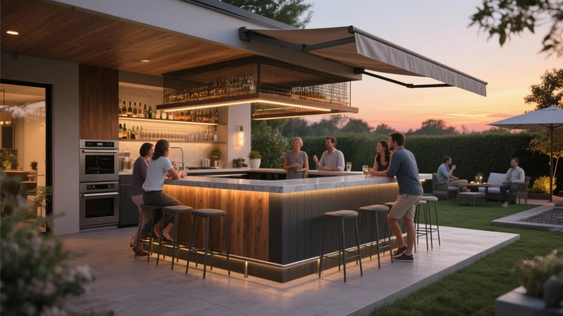 Outdoor bar with marble counter and stools under an awning at sunset in the backyard