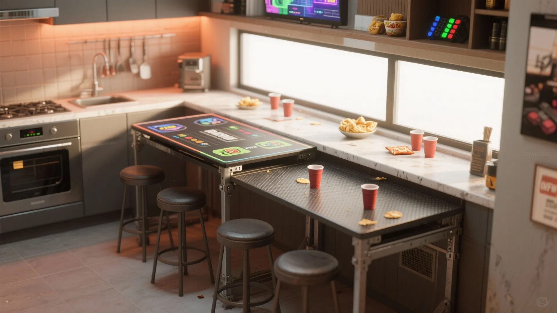 Modern kitchen area with integrated game table bar, stools, red cups, and snacks on counter