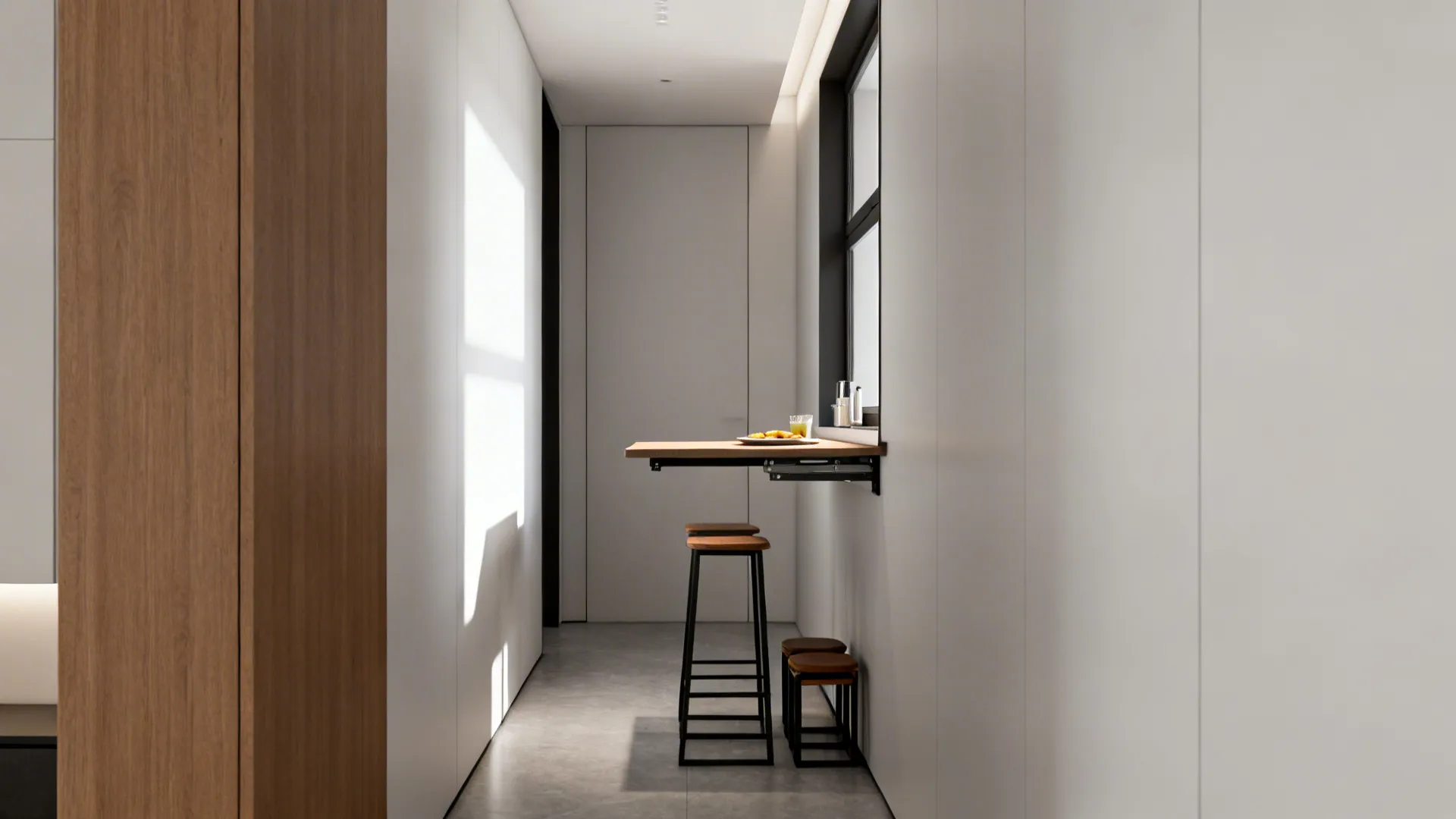 Slim bar-height fold-down table mounted in a narrow corridor used as a standing prep shelf with compact stools.