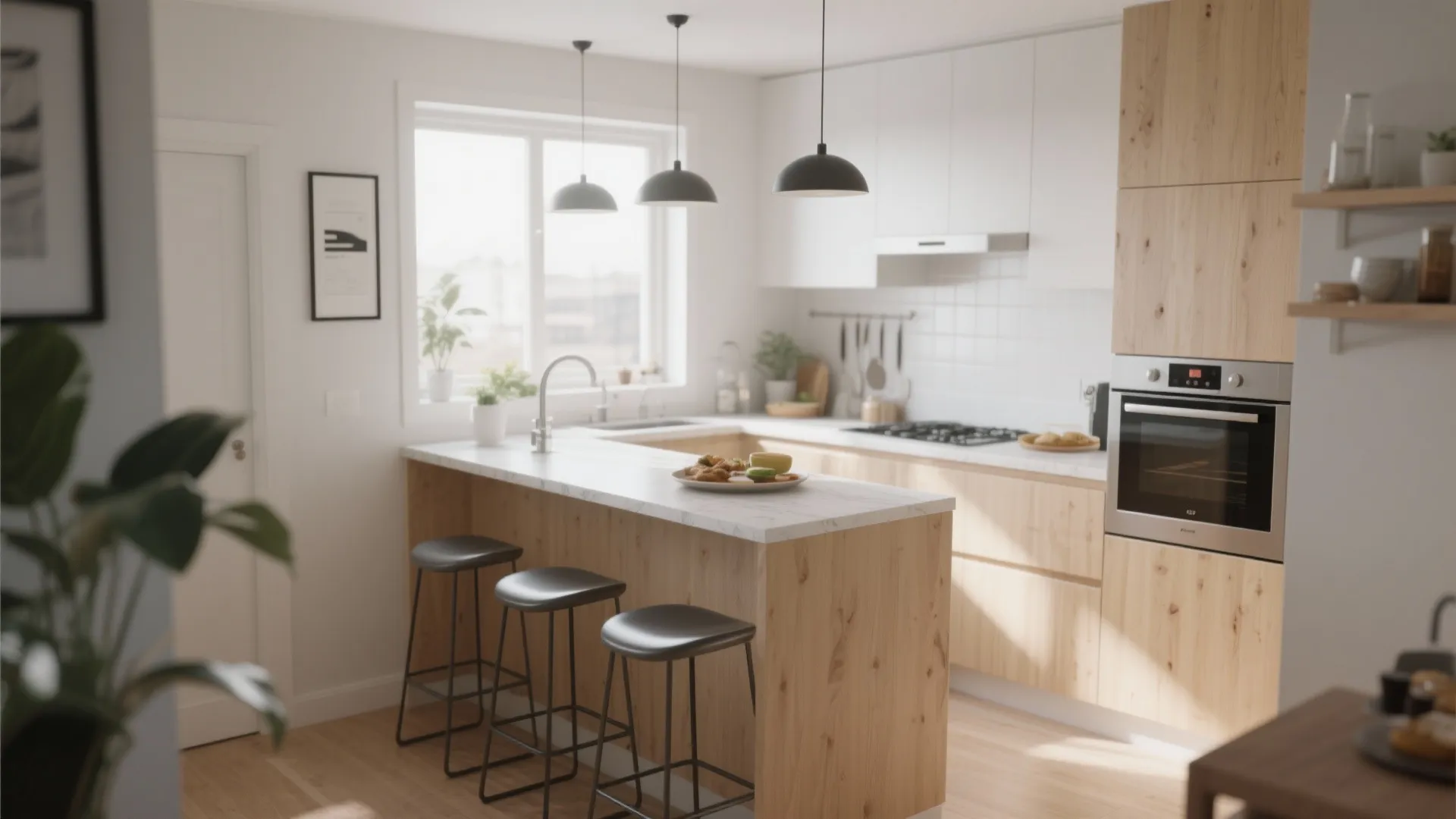 Modern kitchen with wood cabinets white marble counter three black stools and three ceiling lights