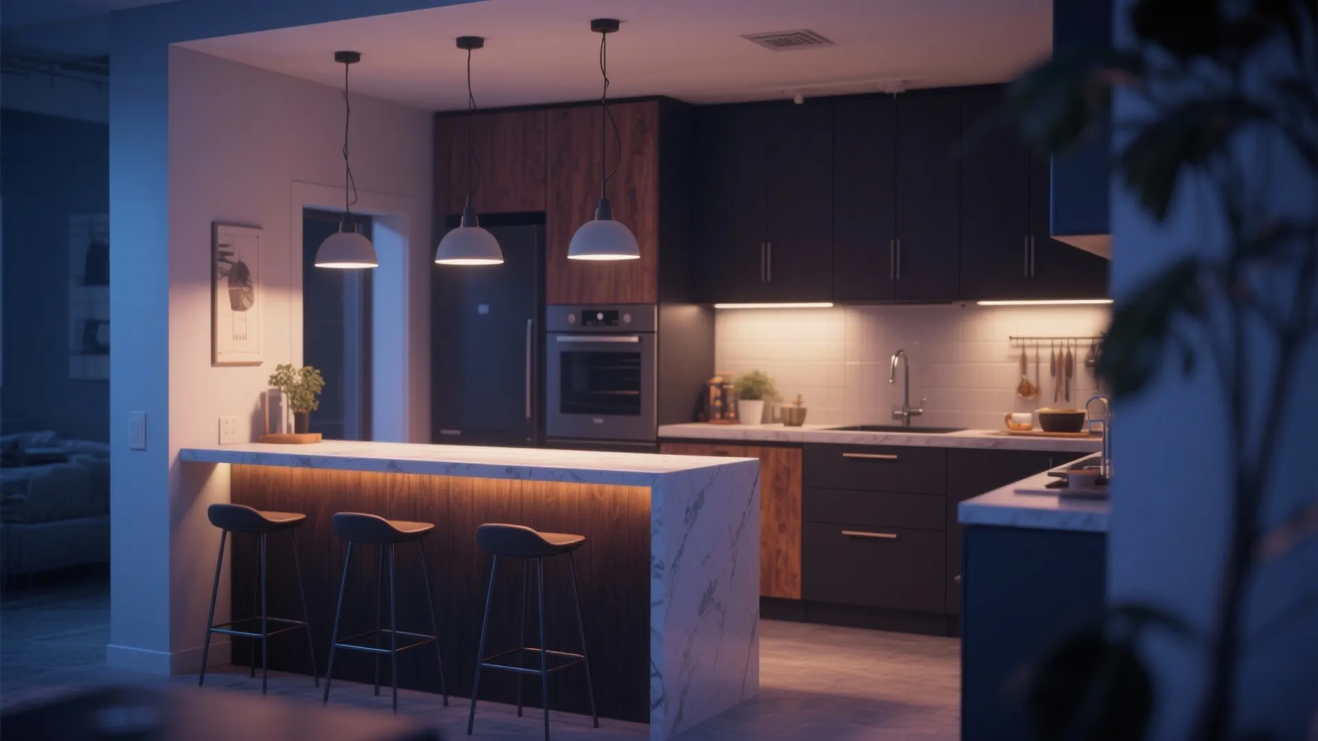 5. Bar-height seating and smart lighting for social flow