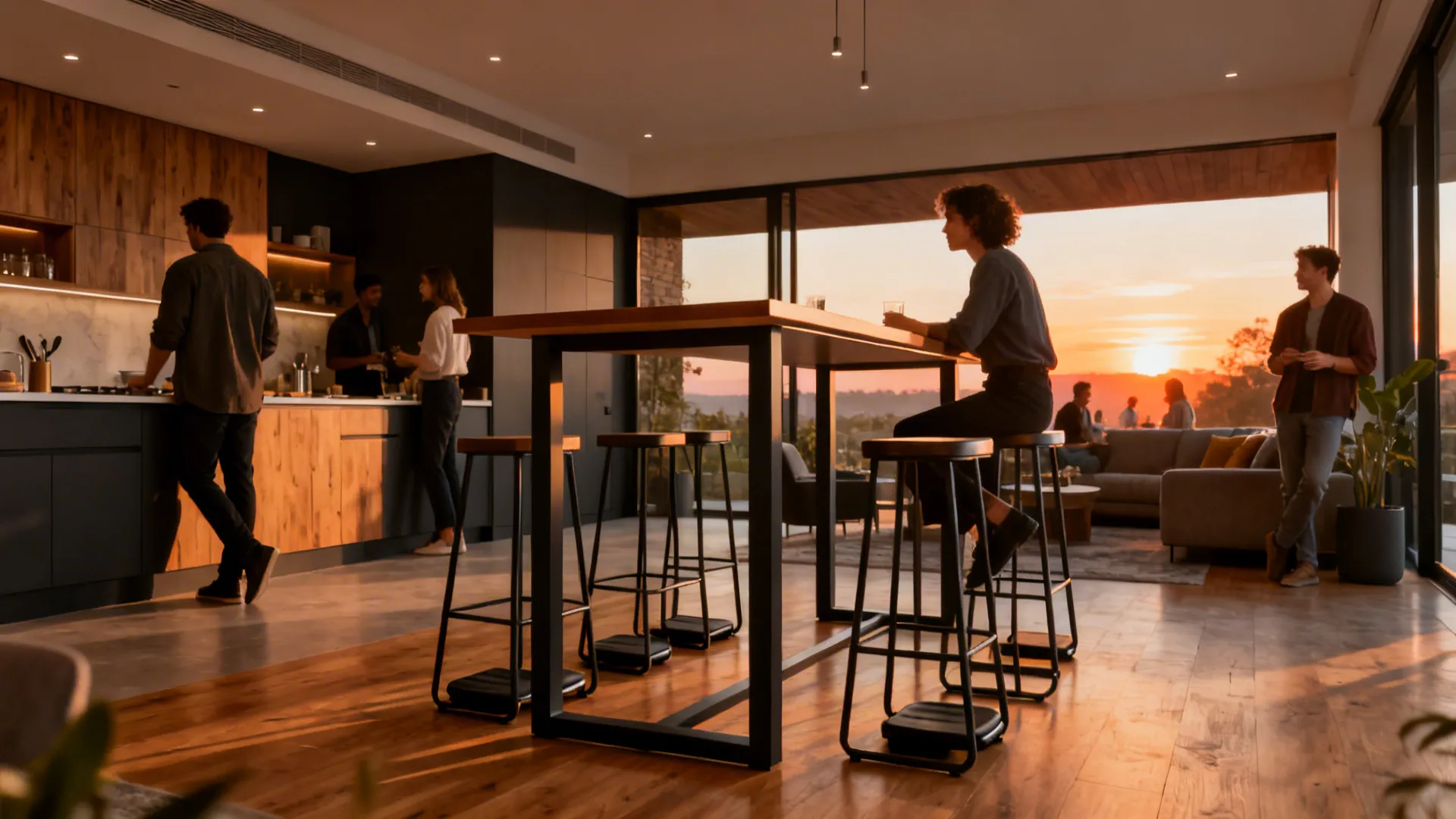 People socializing around a high bar table in a modern kitchen during a beautiful sunset
