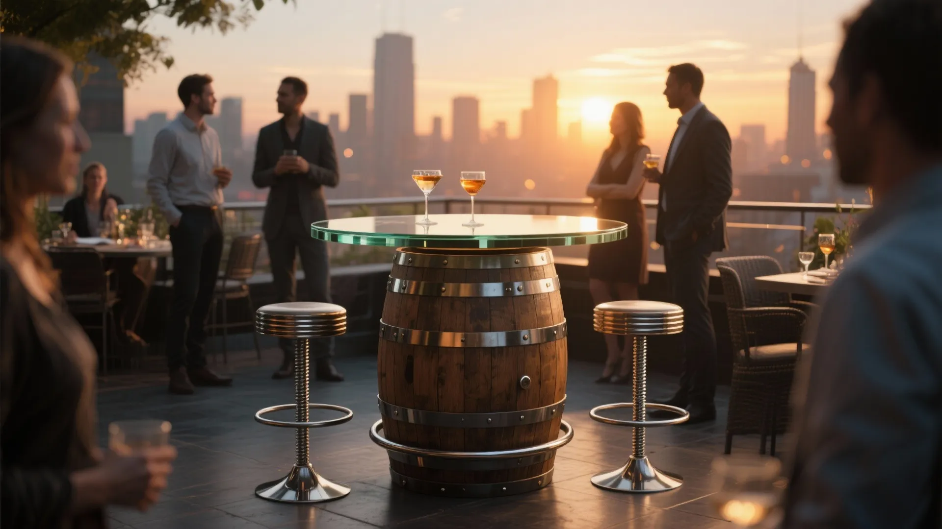 Rooftop bar height barrel table with glass top and silver metal stools during a sunset party