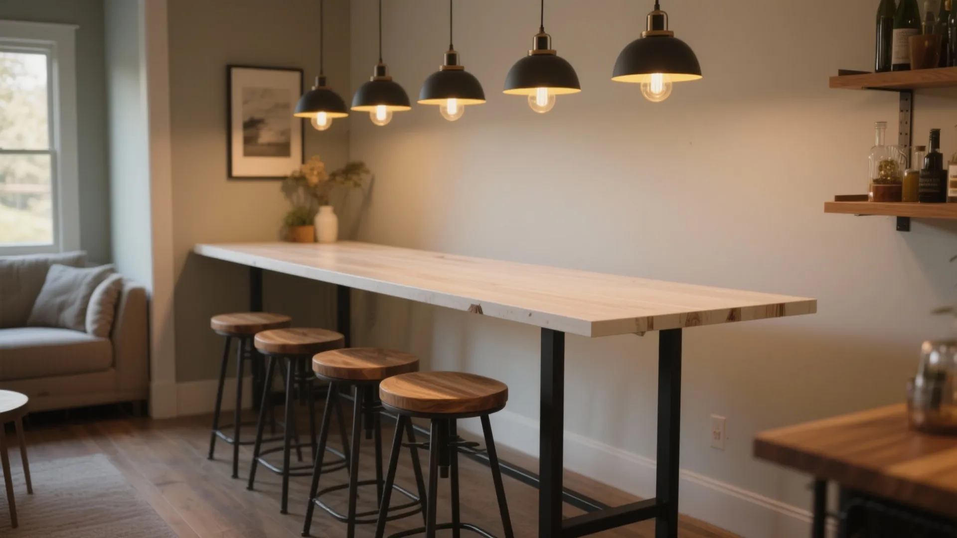 Modern wood bar table with black metal legs four stools and five hanging ceiling lights