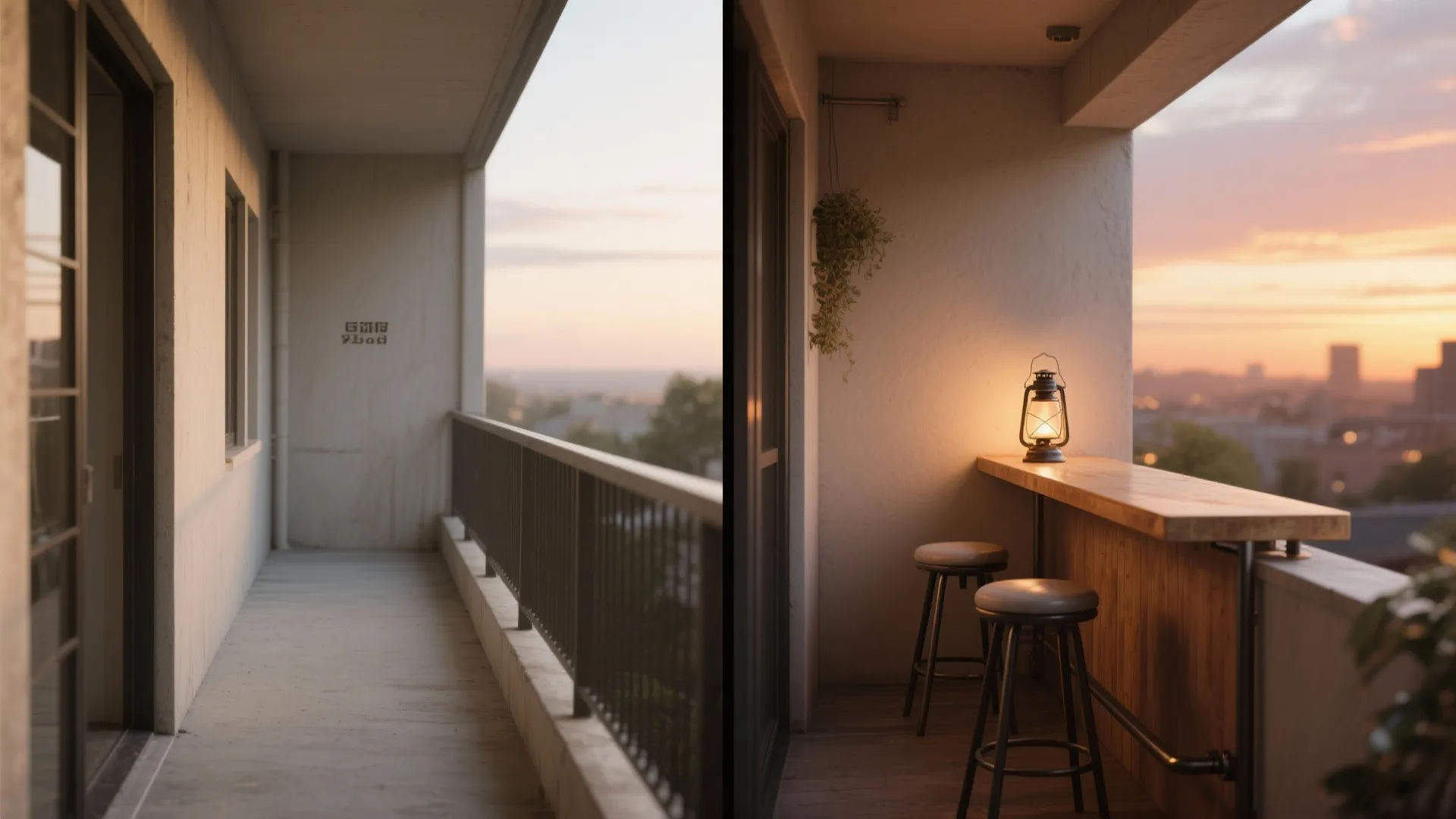Before and after comparison of an empty balcony versus a cozy bar counter with stools