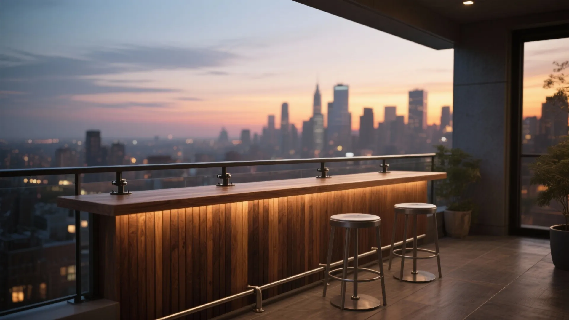 Modern balcony bar with wooden counter stools and city skyline view during a warm sunset
