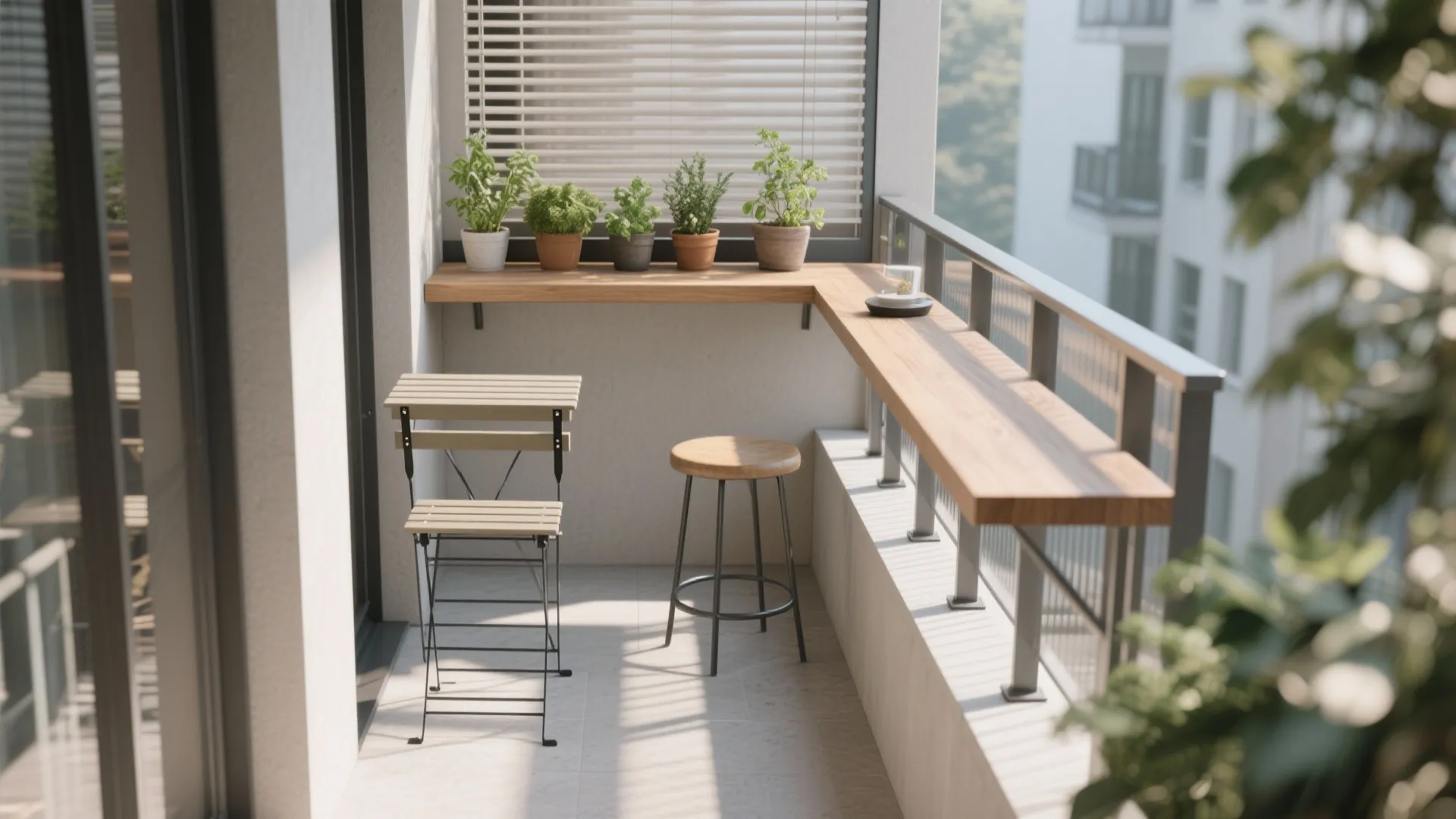 A Slim Bar Ledge, Work Nook, and Neighbor-Friendly Privacy