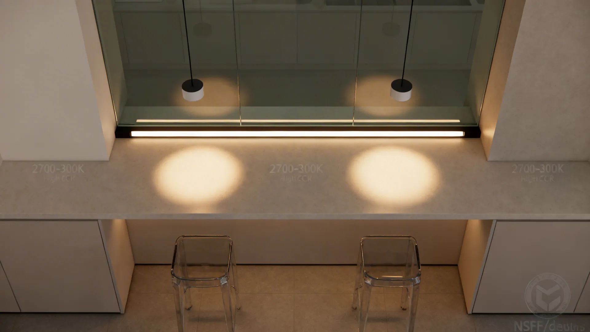 Top-down view of breakfast bar lighting with pendants and under-bar LED strip.