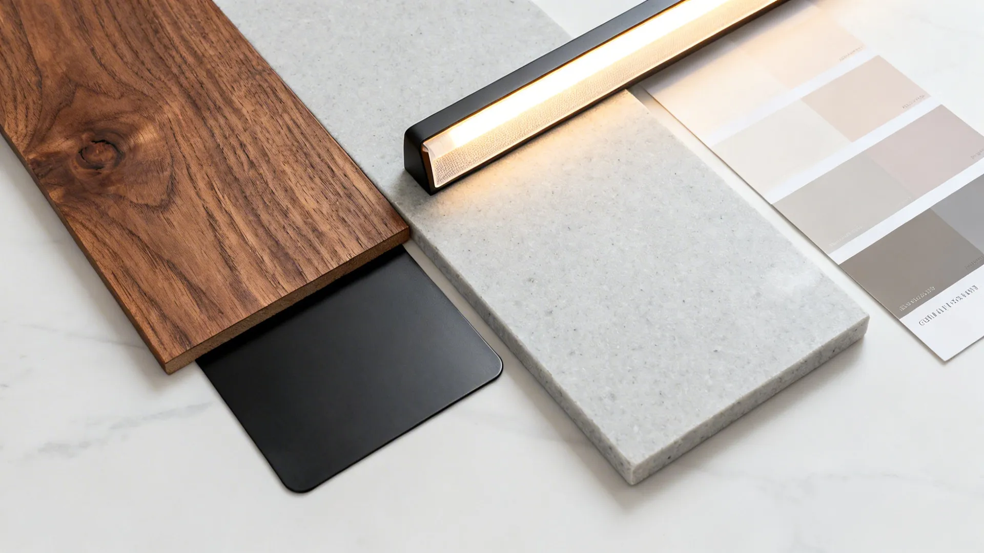 Top-down material board with walnut, matte black metal, warm LED strip, and light grey quartz samples.