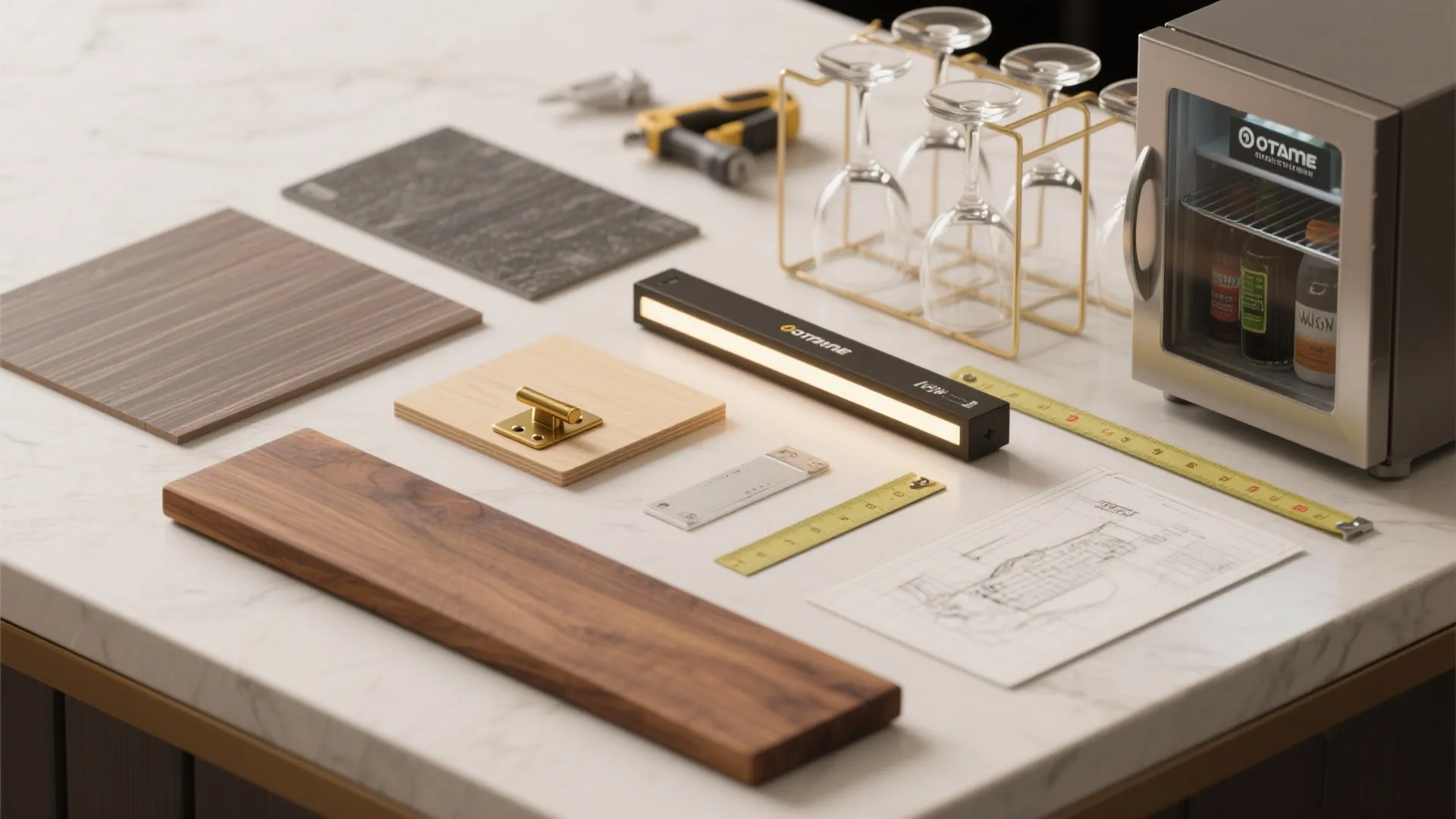 Flatlay of affordable bar materials: laminate, butcher block, brass hinge, LED strip, and tools.