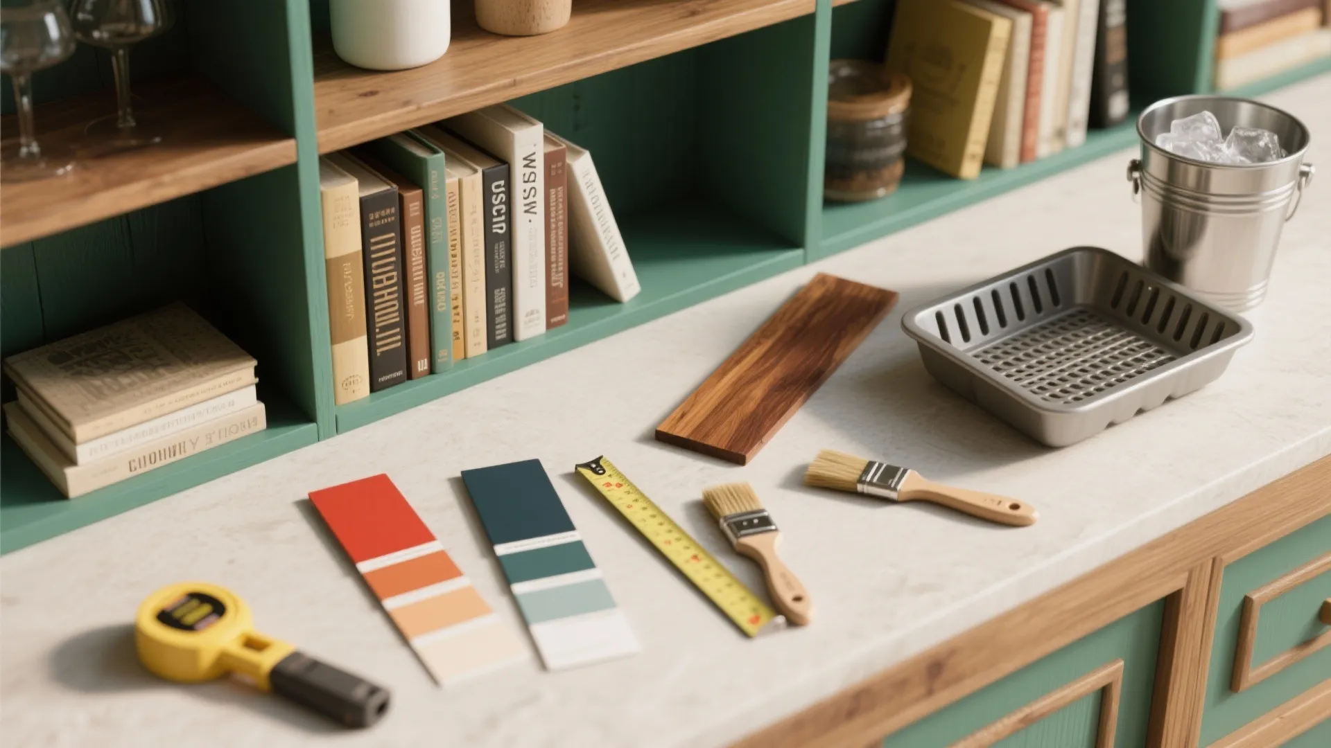 Home renovation tools including measuring tape paint color swatches brushes and wood plank on white table
