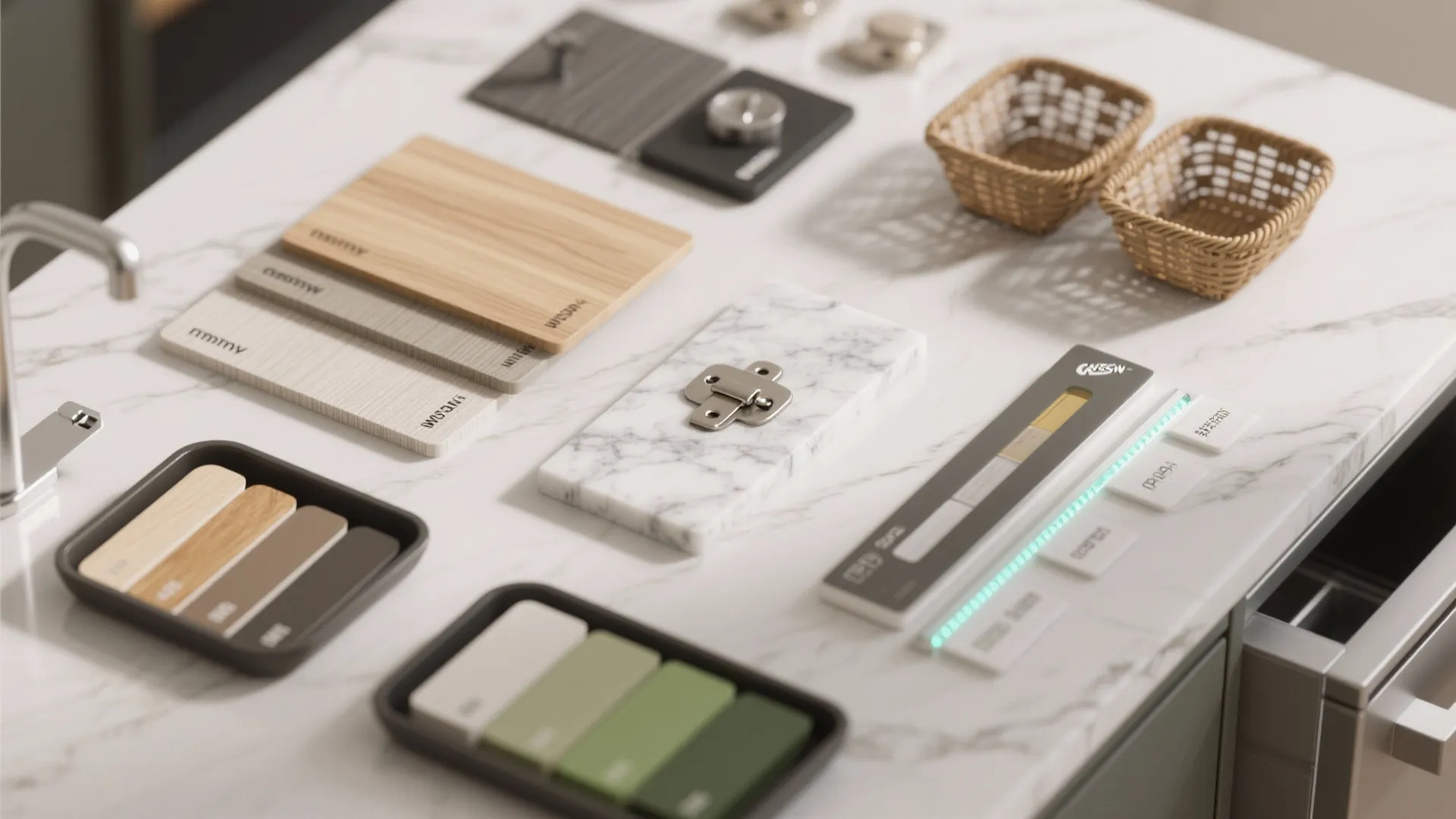 Top-down flatlay of material samples, hardware and color chips for planning a compact mini-bar