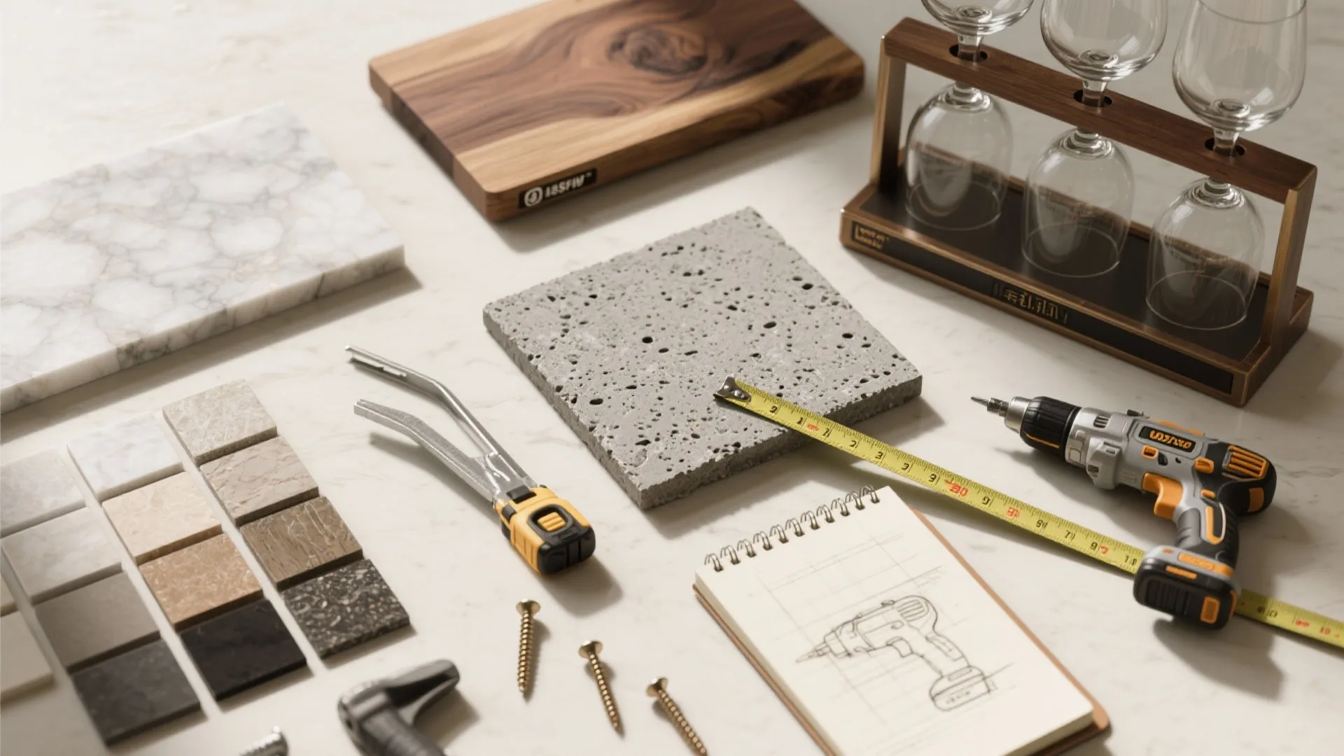 Interior design materials flatlay with stone tiles wood board wine glasses drill and notebook sketch