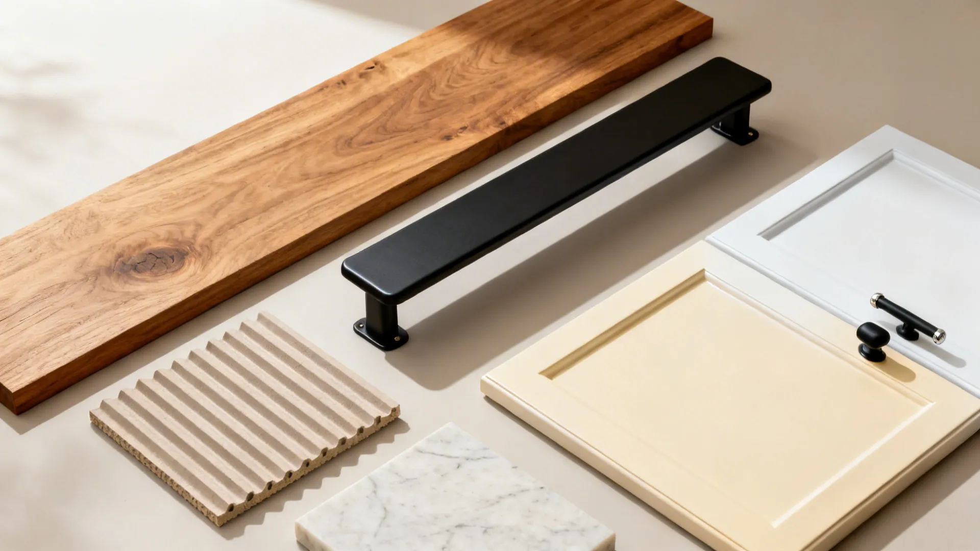 Flat lay of oak, matte black metal, fluted panel, and light quartz samples for a bar.