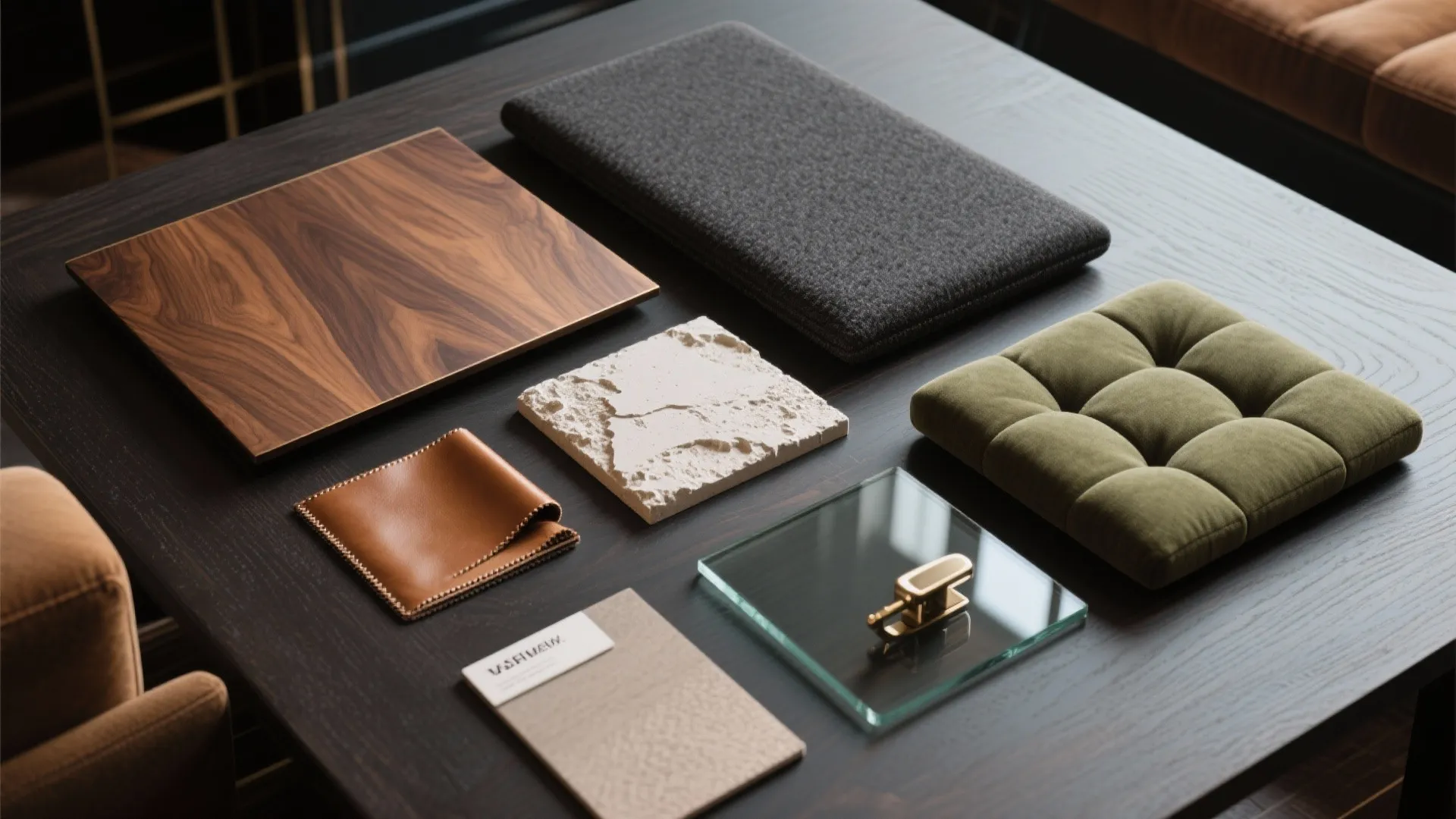 Interior design mood board with wood samples leather fabric pieces green cushion and glass on table