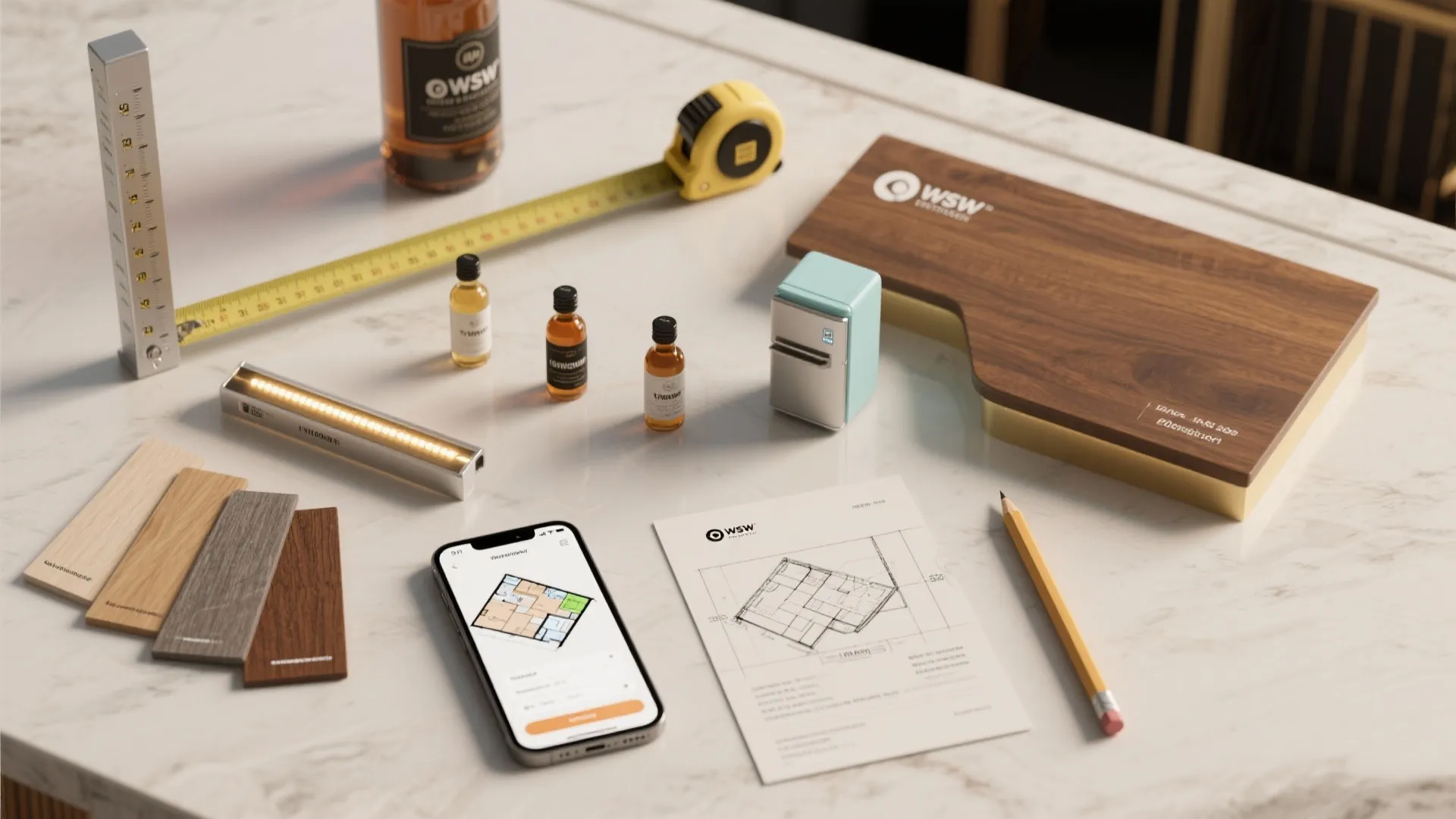 Marble counter with smartphone displaying floor plan layout paper sketch wood samples and yellow tape