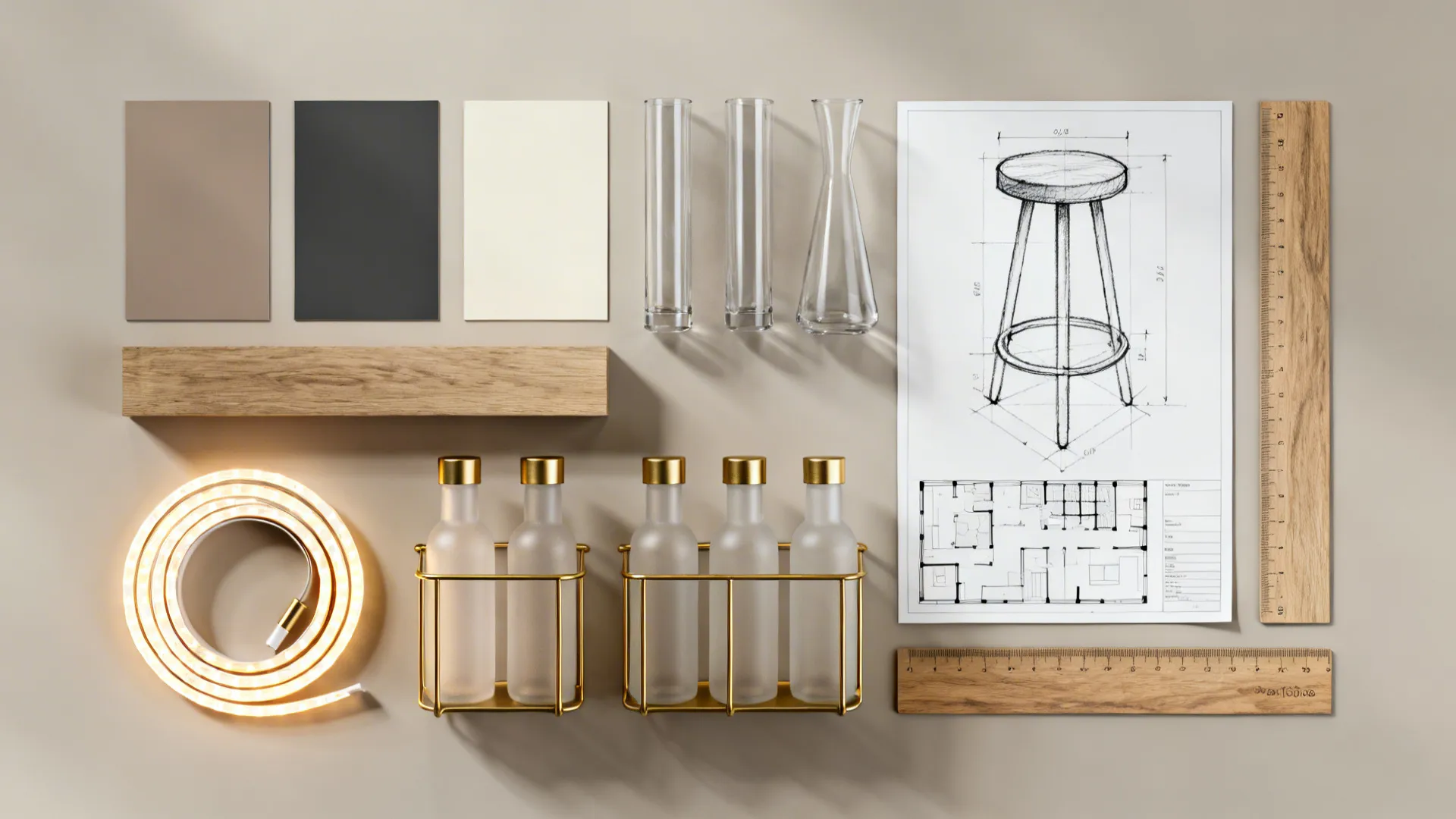 Flatlay of design samples and planning tools for a small living room bar
