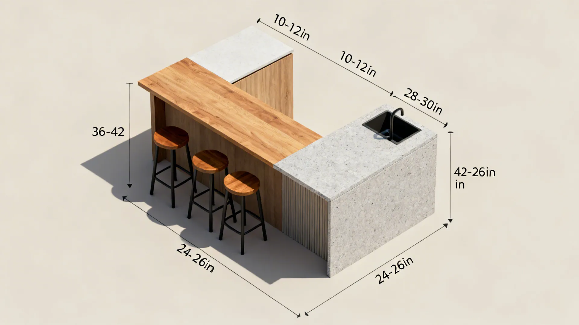 Top-down planning scene showing clearances, overhang depths, stool heights, and material zones for a breakfast bar.