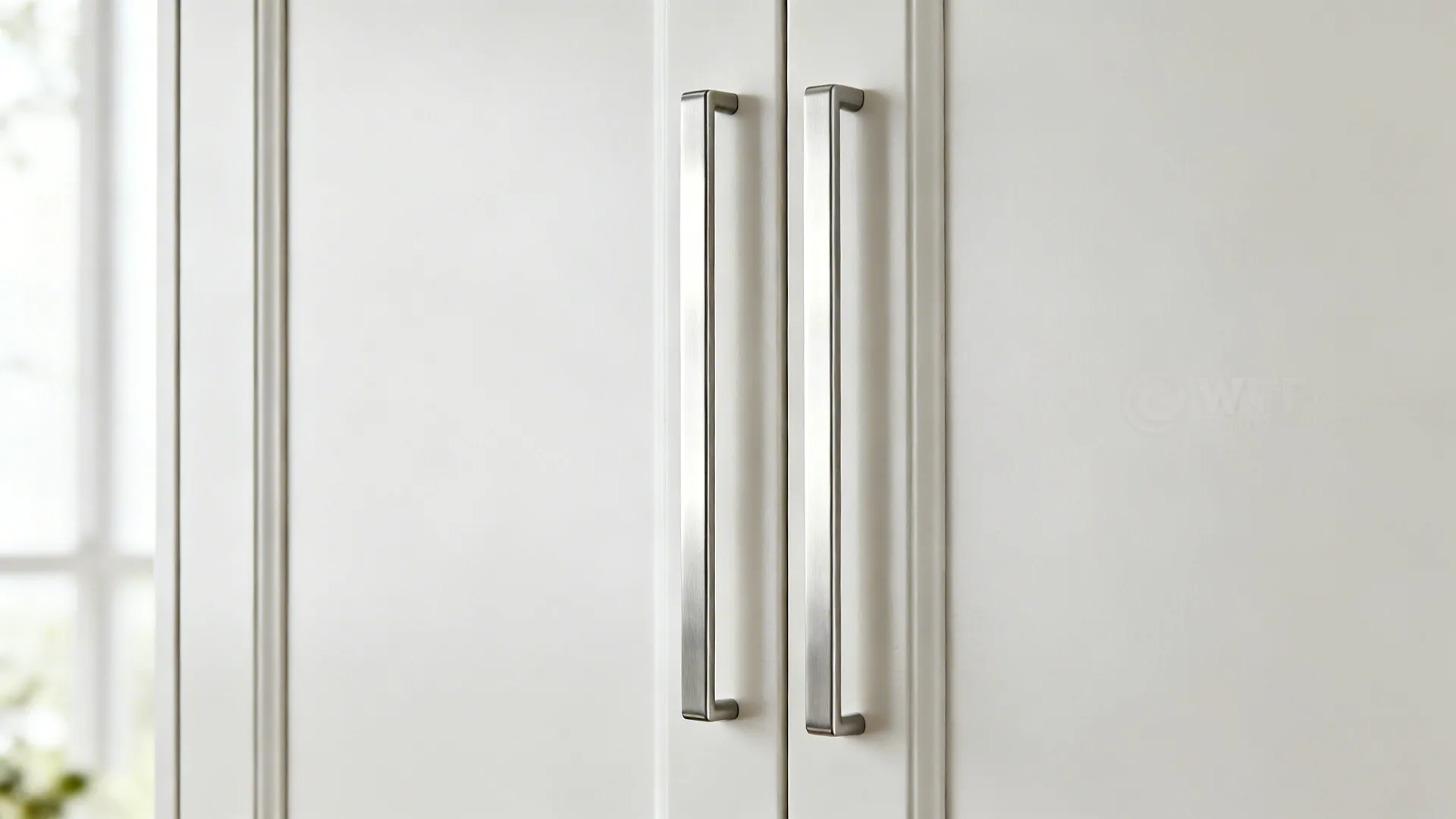 Close-up of a brushed nickel bar pull on a satin white cabinet door.