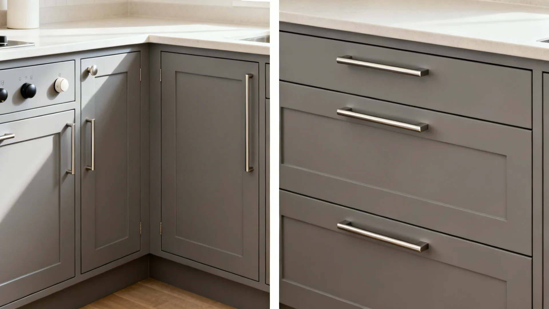 Split view comparing mixed hardware versus slim stainless bar pulls in a small galley kitchen.