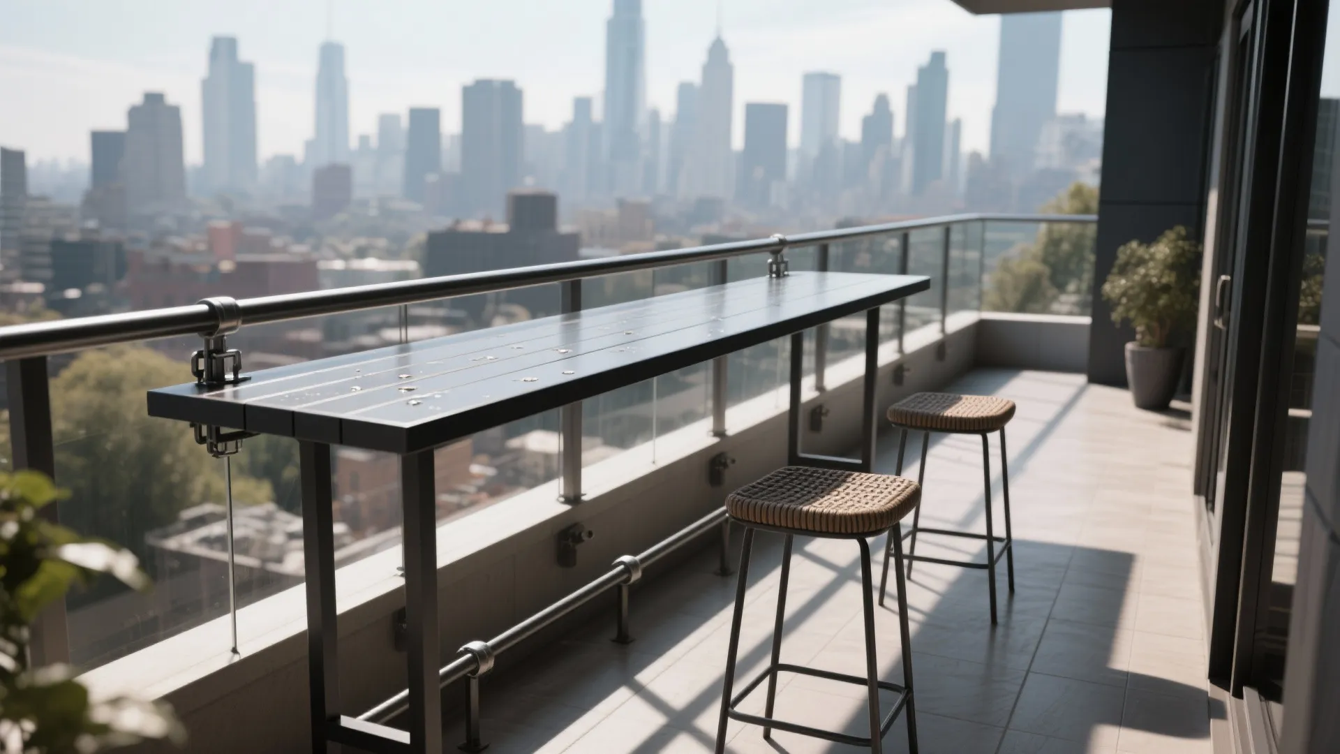 Bar-rail table with two stools