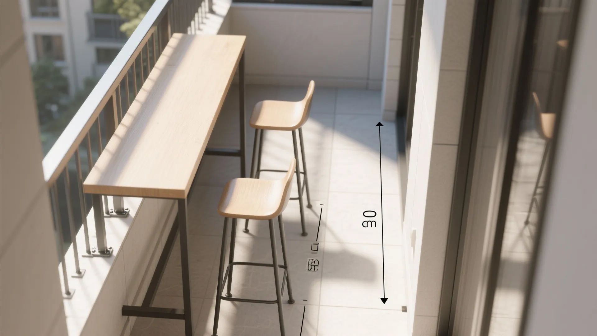 Bar-rail table with two stools