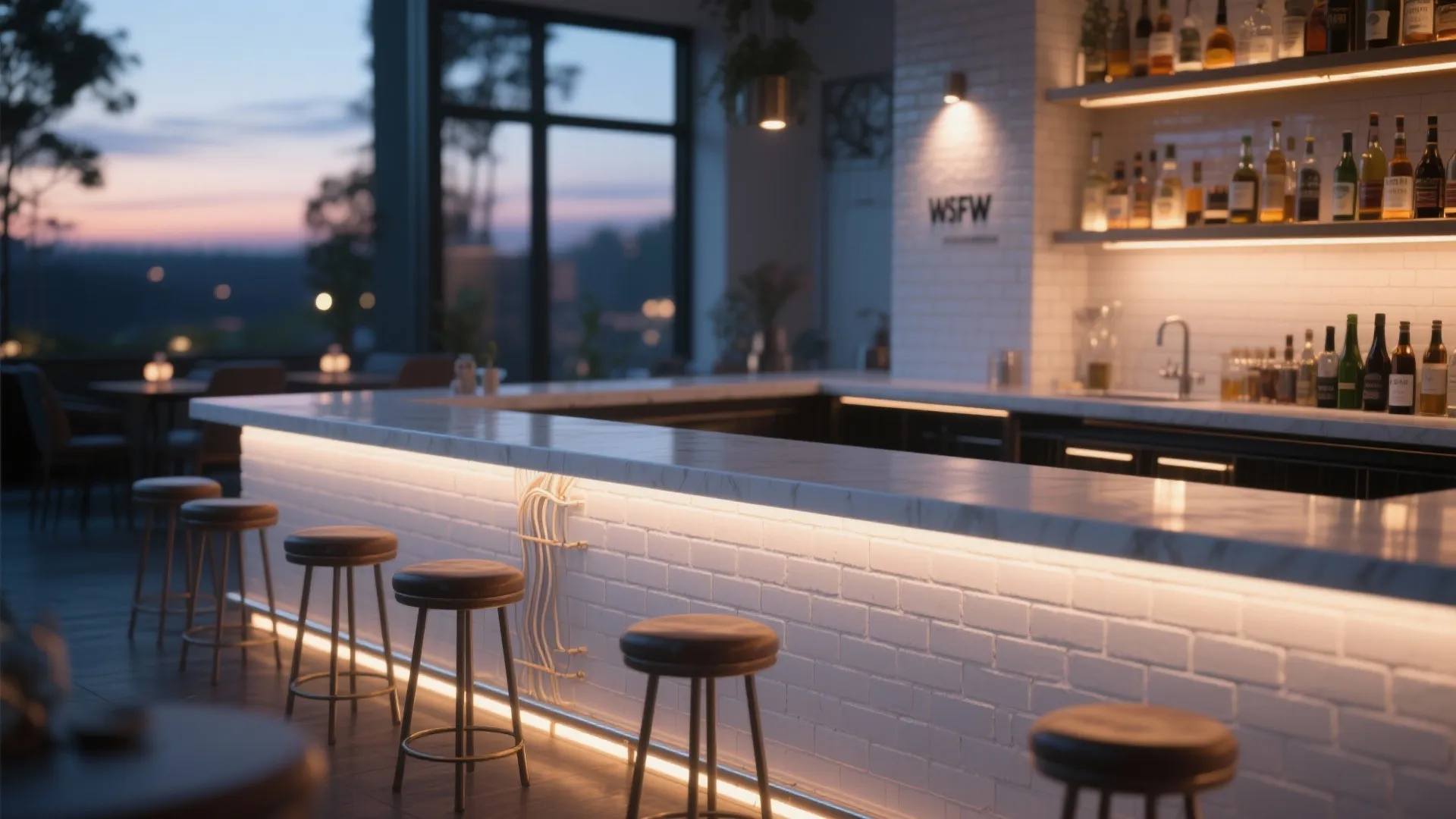 Modern outdoor bar with white brick counter, warm led lighting, stools, and shelves with bottles