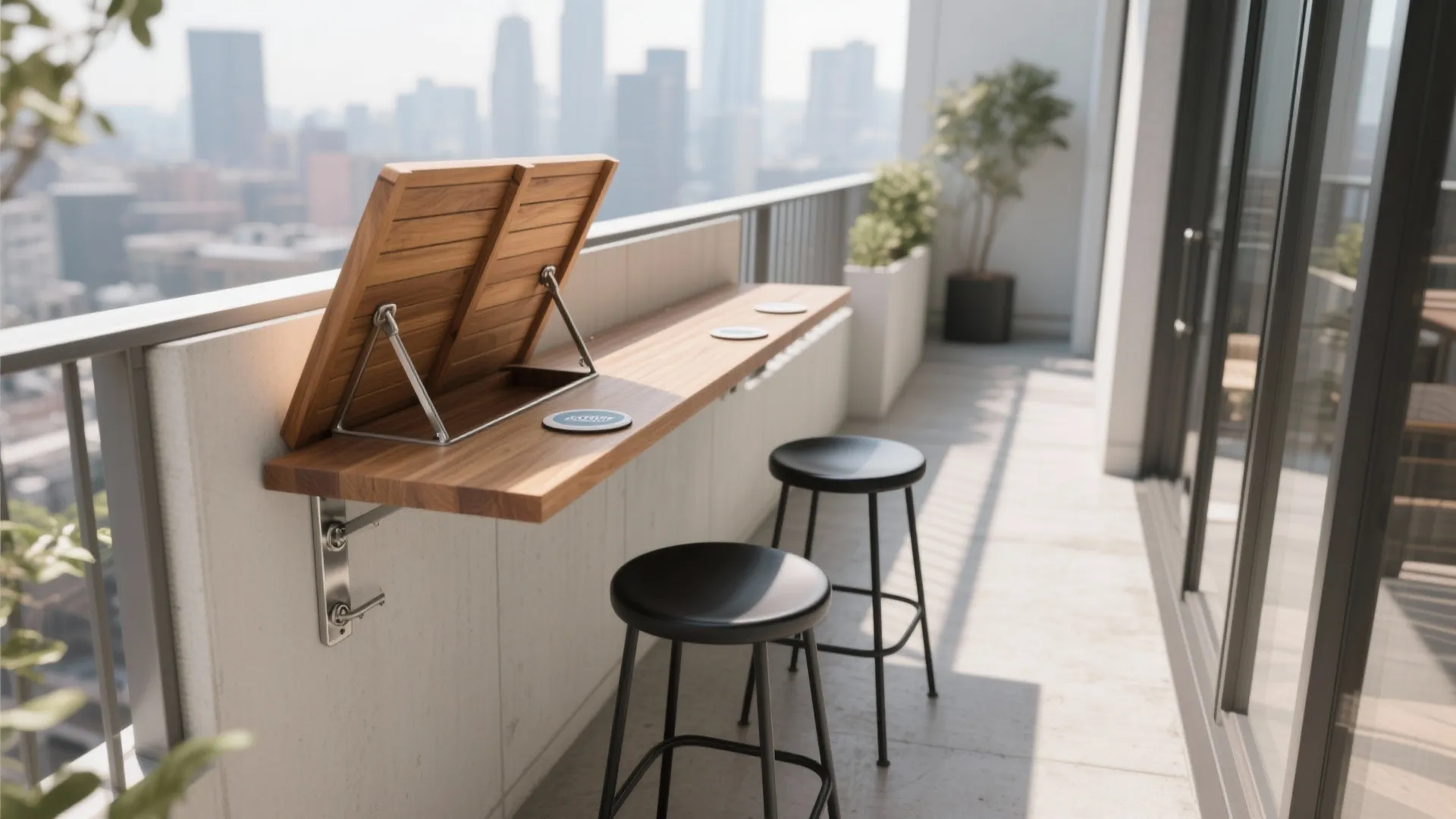 Teak drop-leaf bar with slim stools on a narrow 3ft balcony, clear walkway.