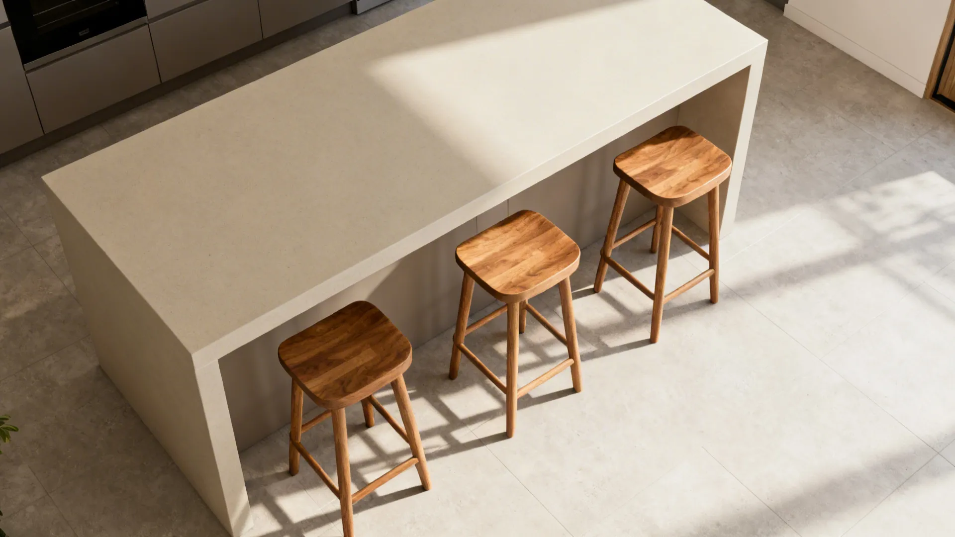 Top-down view showing stool spacing, bar overhang, and aisle clearance proportions.
