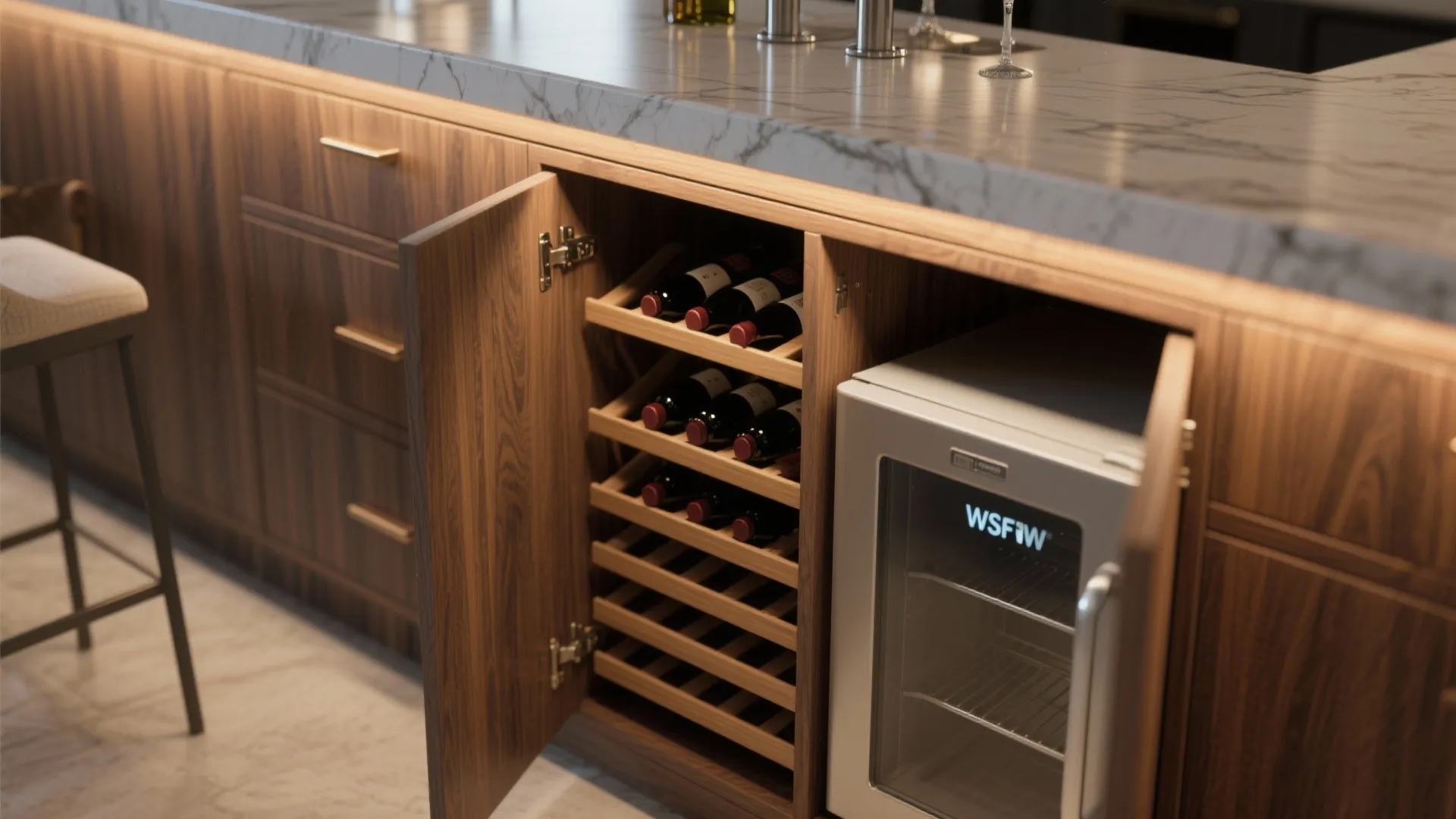 Close up of wood kitchen cabinet with built in wine rack and small drinks fridge
