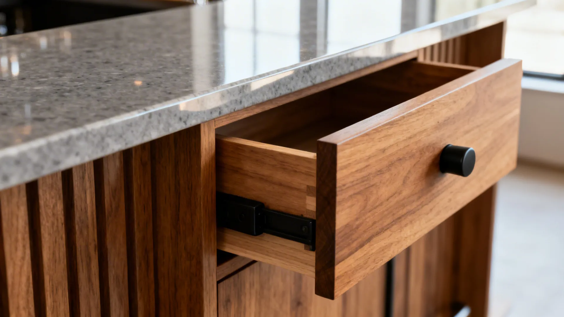 Macro view of quartz countertop meeting oak drawer with discreet hardware on a storage base