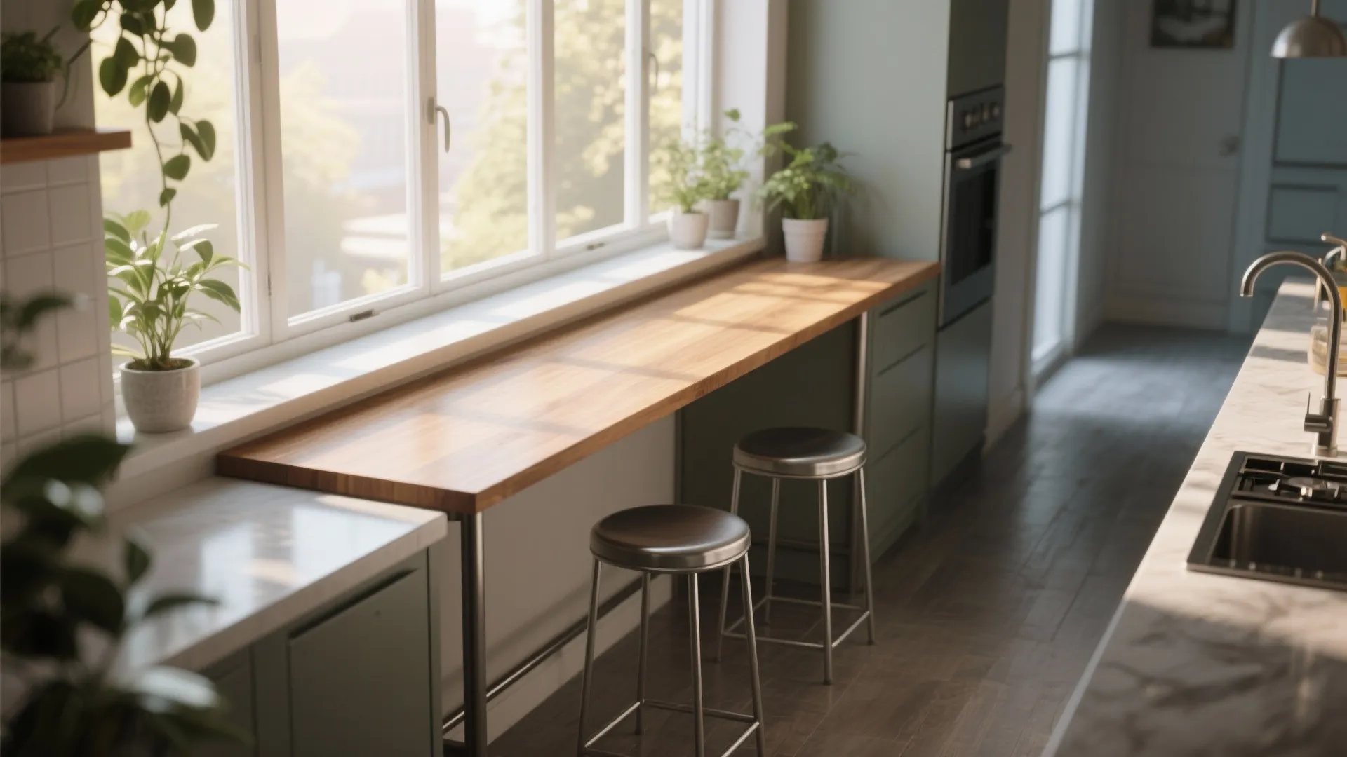 Modern kitchen with wooden breakfast bar by a window featuring two stools and green plants