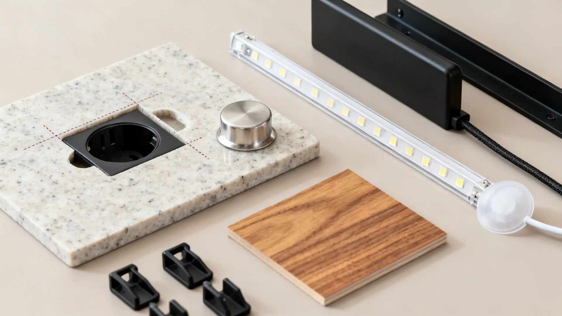 Interior design material samples including stone with socket hole wood piece and LED strip light