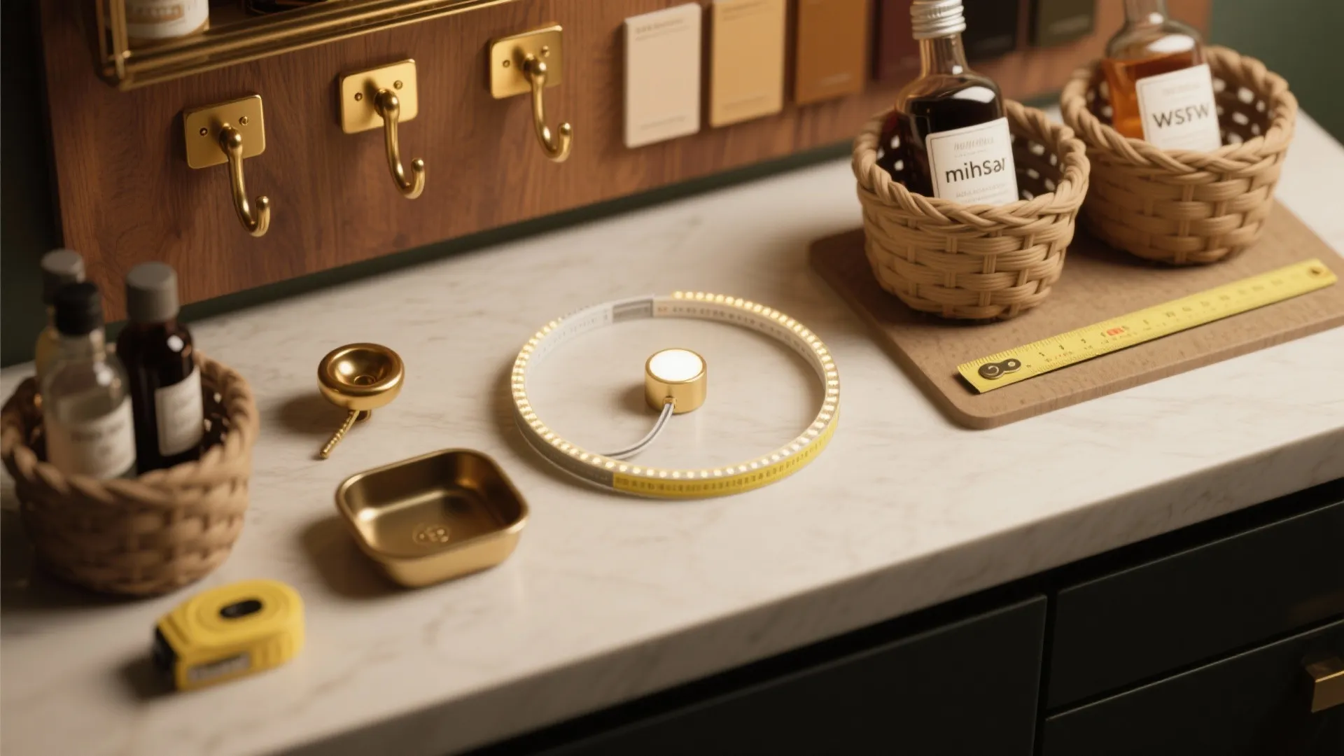 Flatlay of minibar tips: LED strips, puck light, hooks, spill tray, measuring tape and material swatches