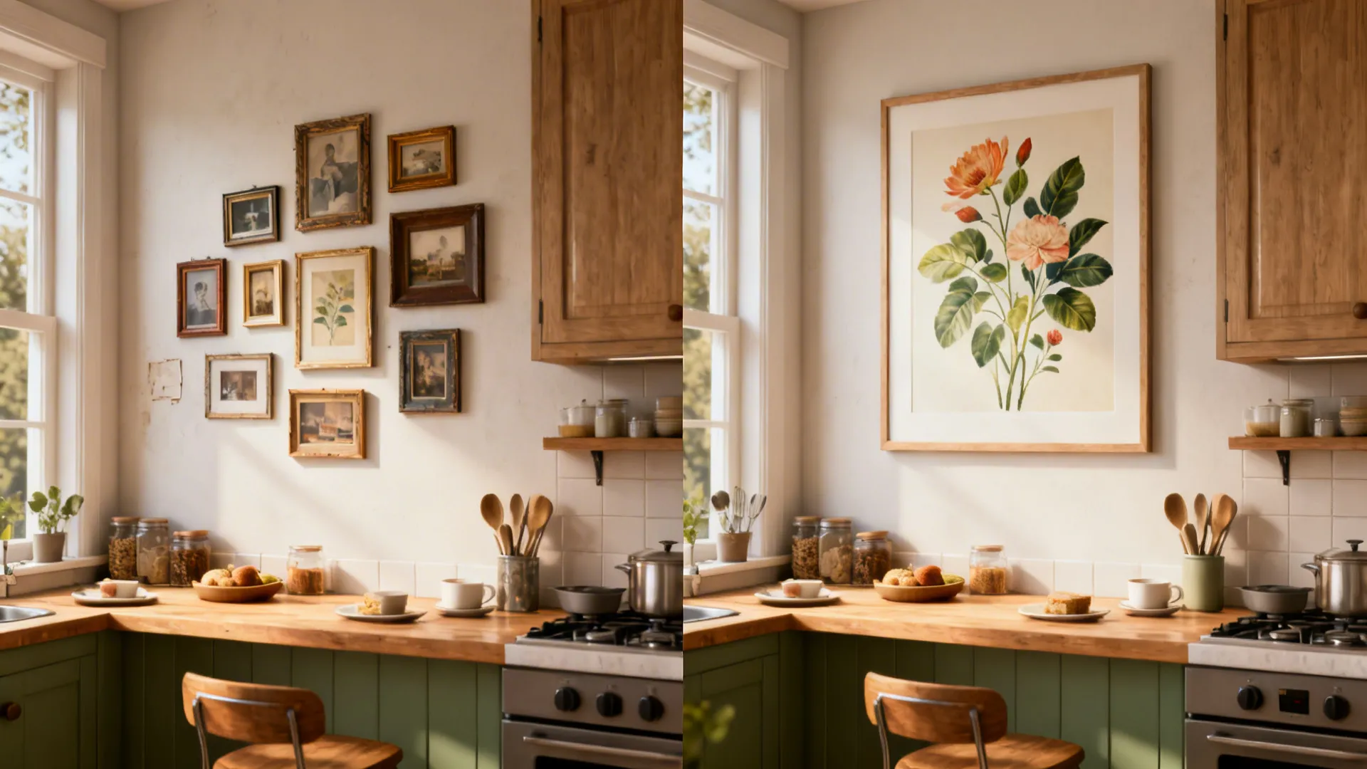 Oversized statement frame above the breakfast bar