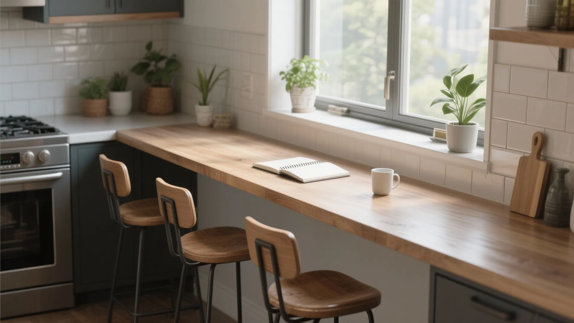 5. Narrow bar-height desk by a window
