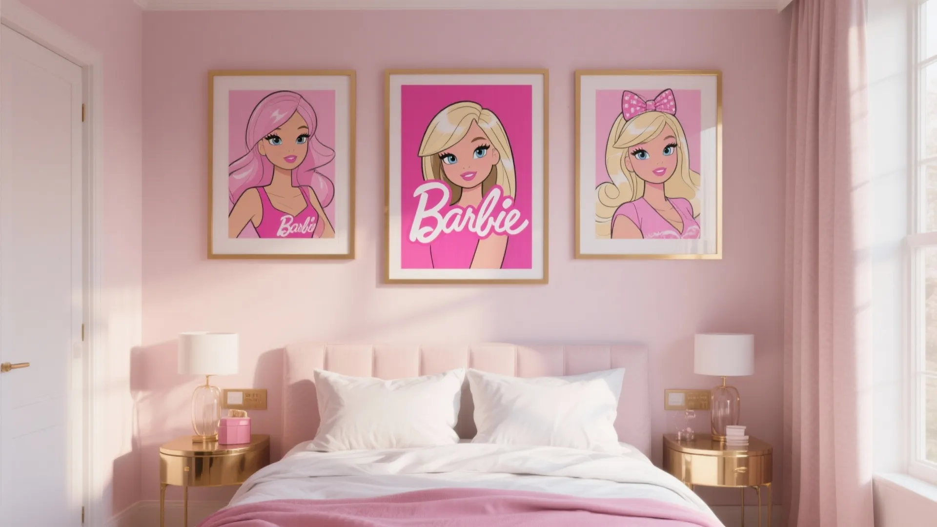 Pink bedroom with three framed posters on wall white bed pink blanket and gold metal nightstands
