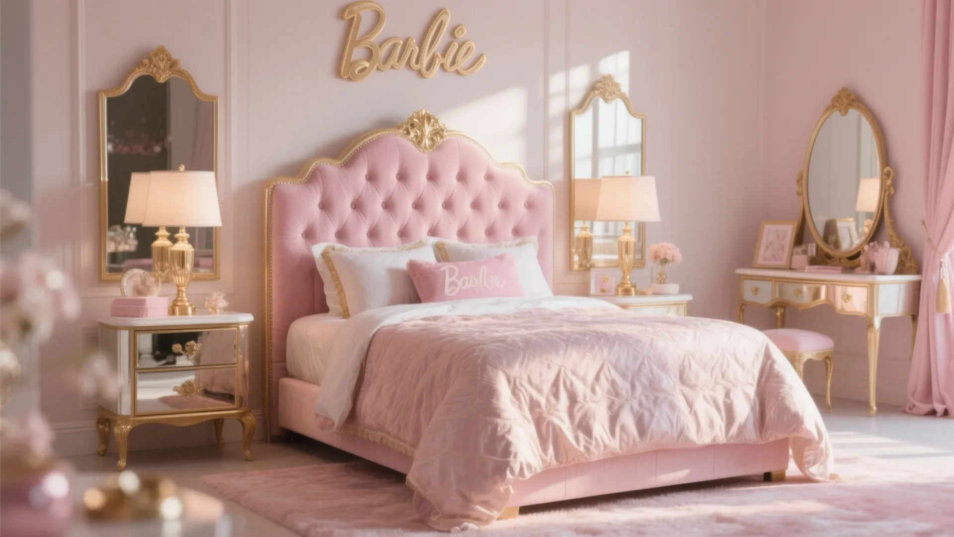 Glamorous pink bedroom featuring tufted bed, gold mirrors, bedside lamps, vanity table and gold sign