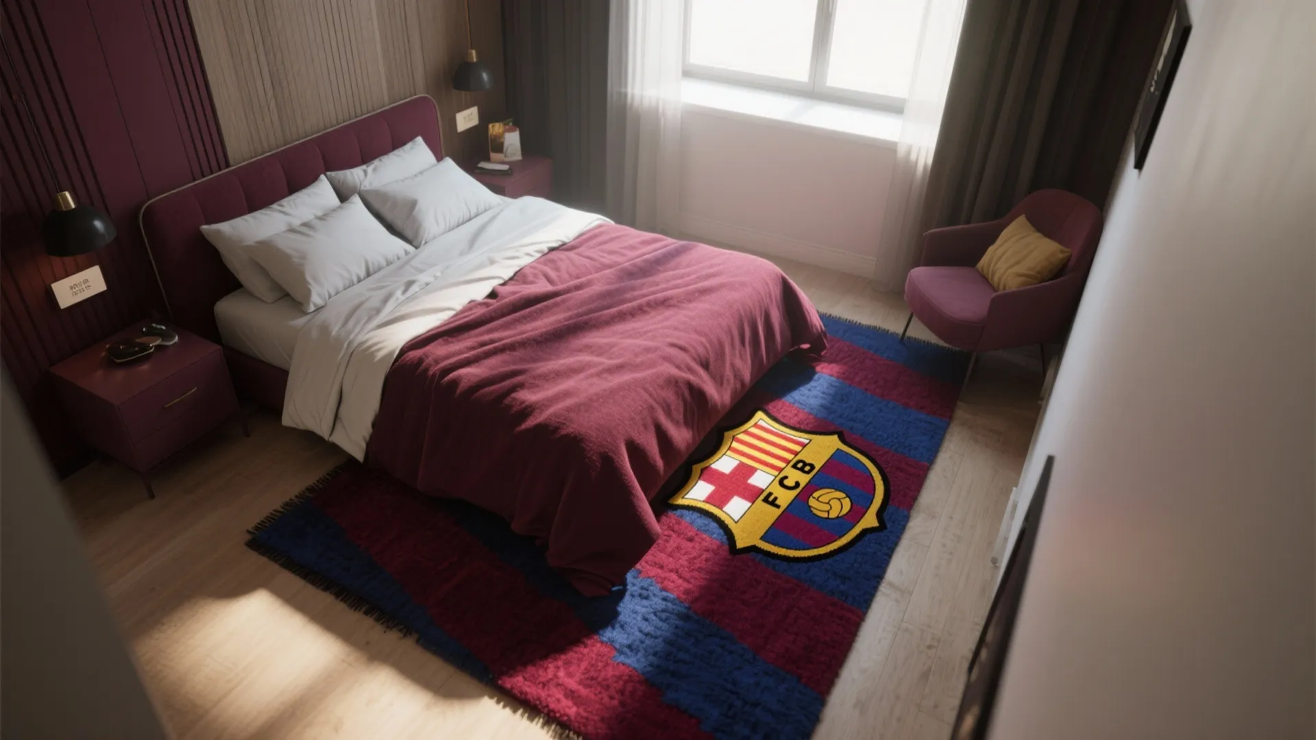 Modern bedroom interior featuring maroon bed, wooden floor, purple chair, and large striped logo rug